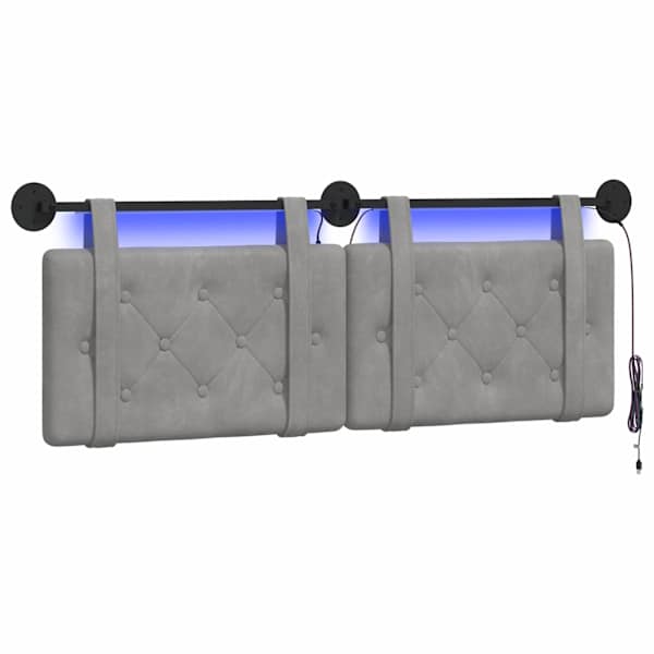 vidaXL Rippuv voodipeats LED-valgustusega Helehall Samet
