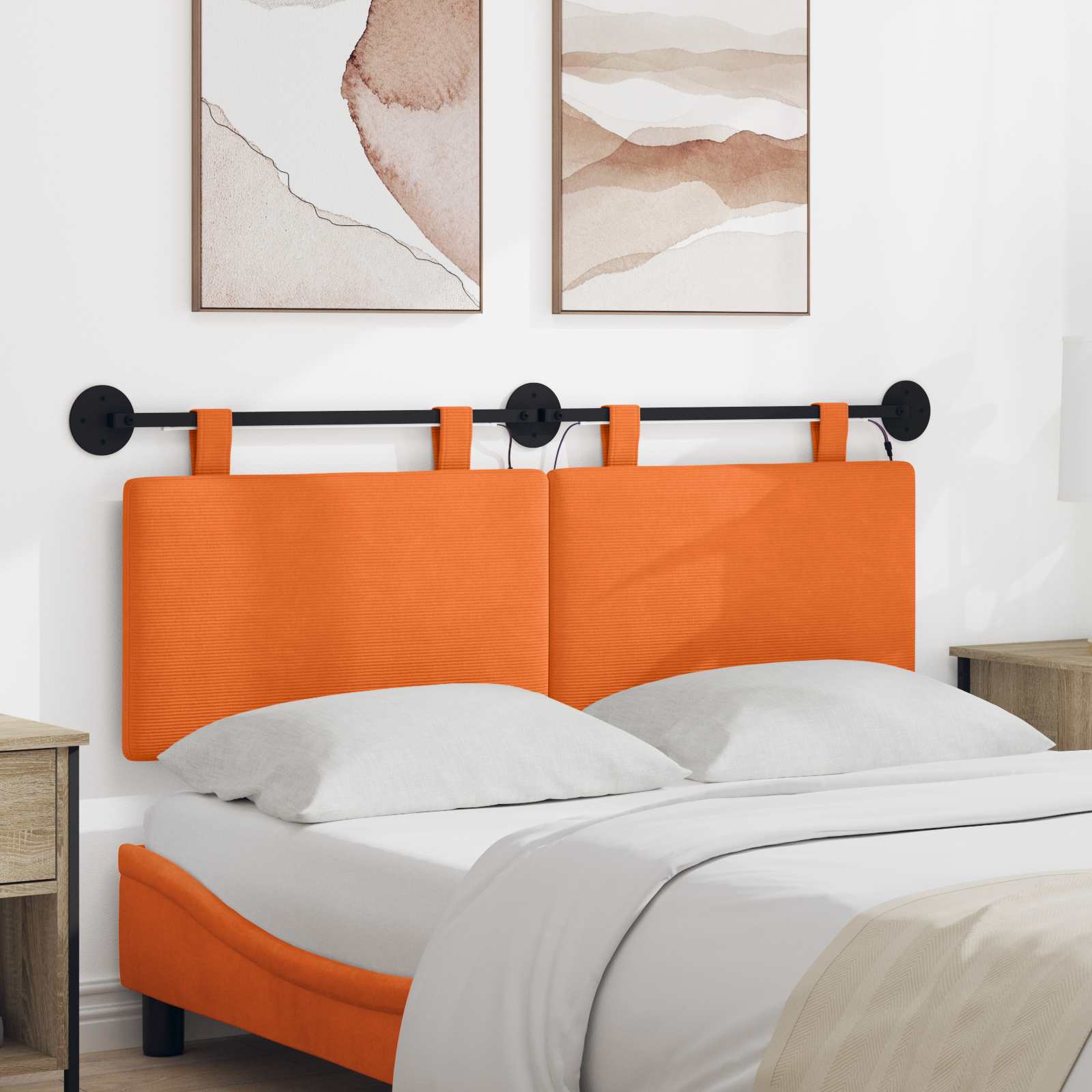 Hængende sengegavl med LED-lys - orange velour, 150 × 55 cm