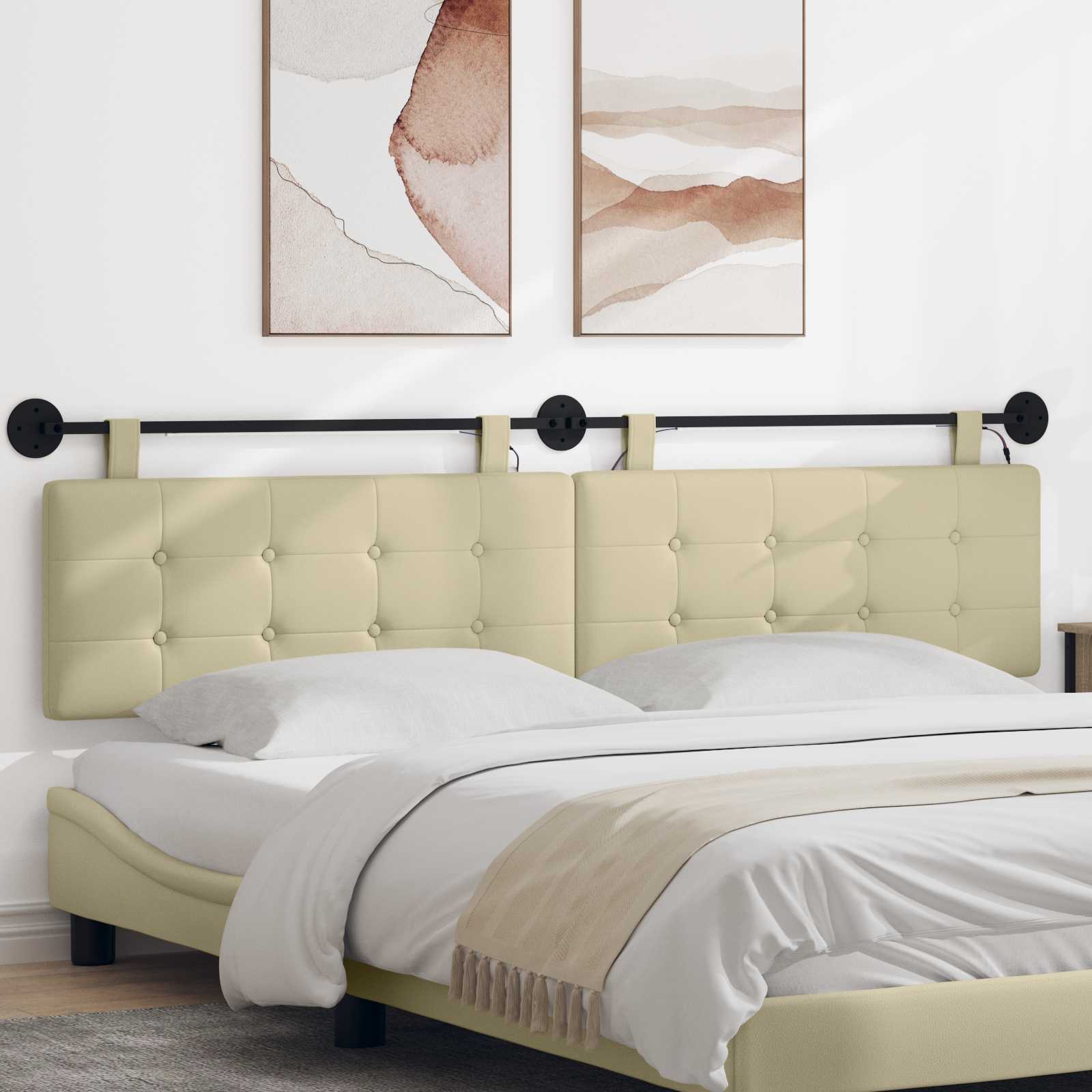 vidaXL Tăblie de pat suspendată Cu lumină LED Crem Piele artificială