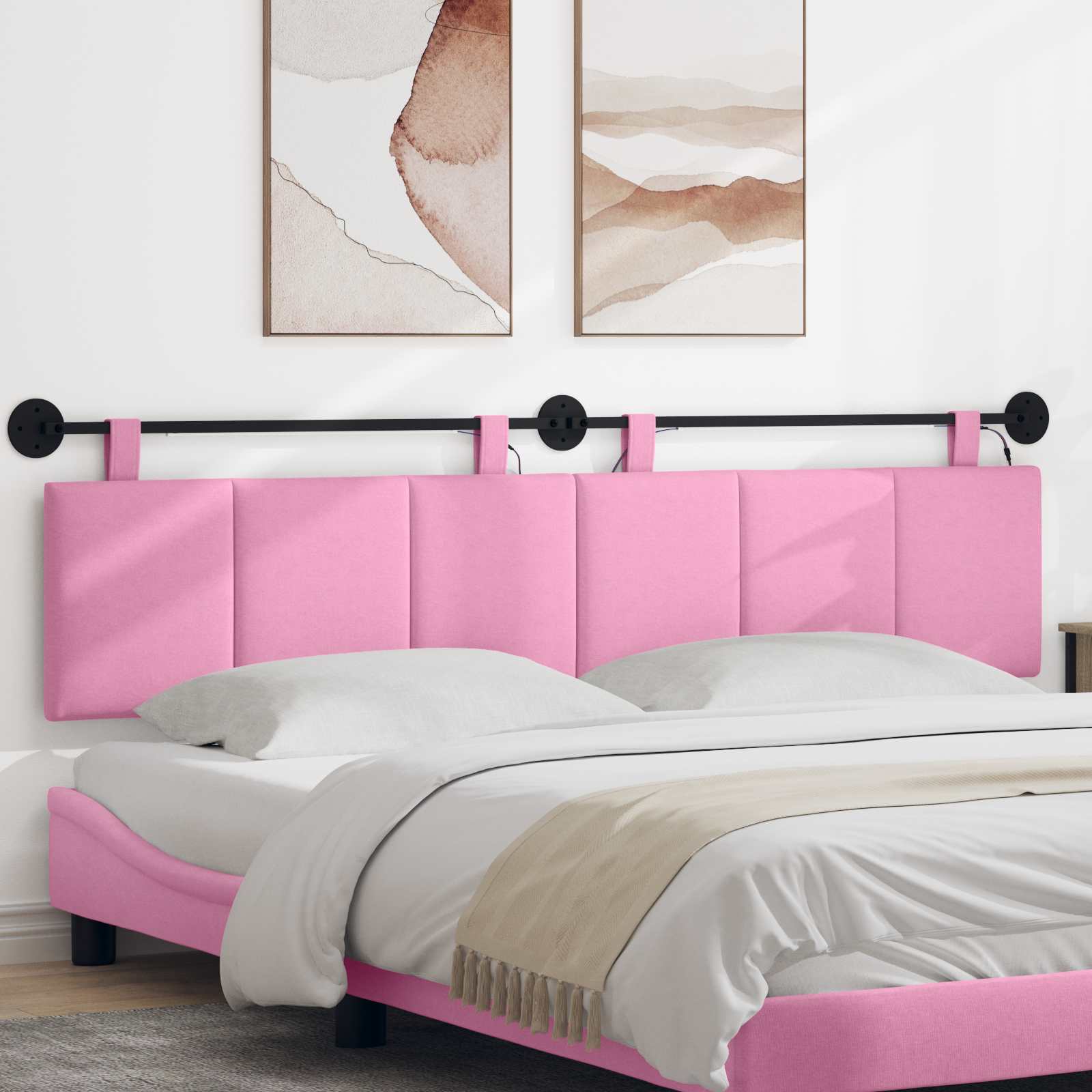 vidaXL Tăblie de pat suspendată Cu lumină LED Roz Țesătură