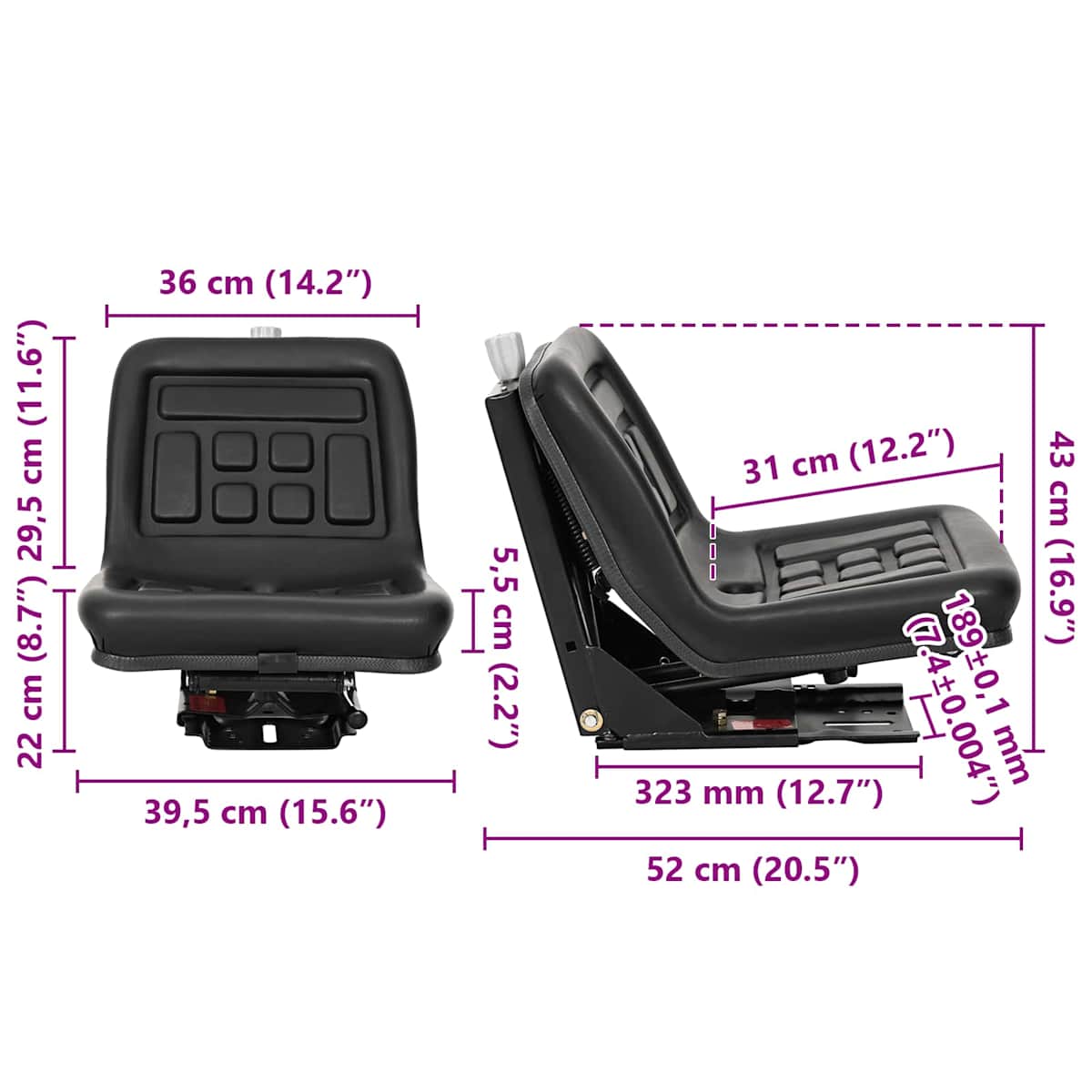 Traktor sæde med affjedring Sort 39,5 x 52 x 43 cm Stål og PVC - Billede 8