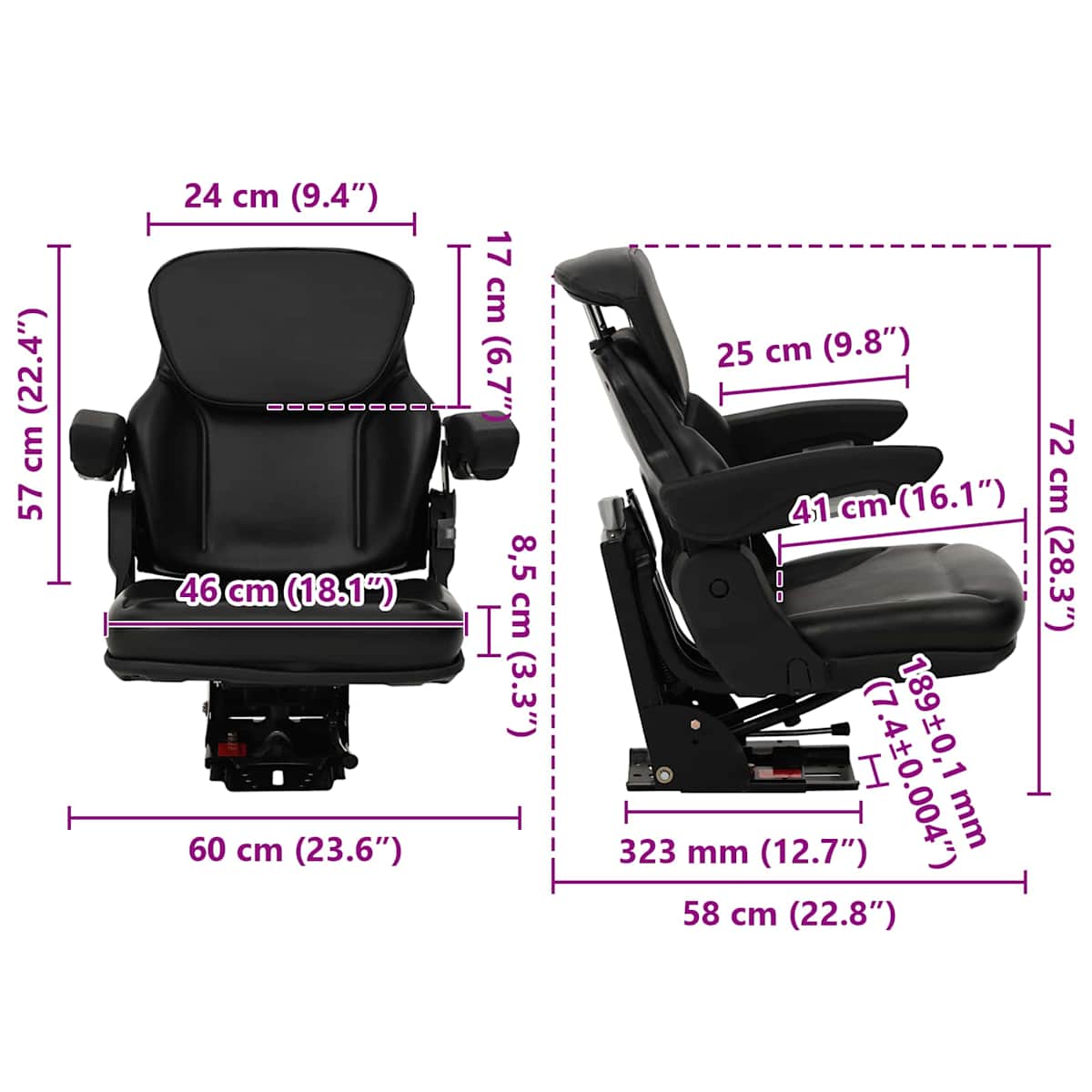 Traktor sæde med affjedring Sort 60 x 58 x 72 cm Stål og PVC - Billede 9