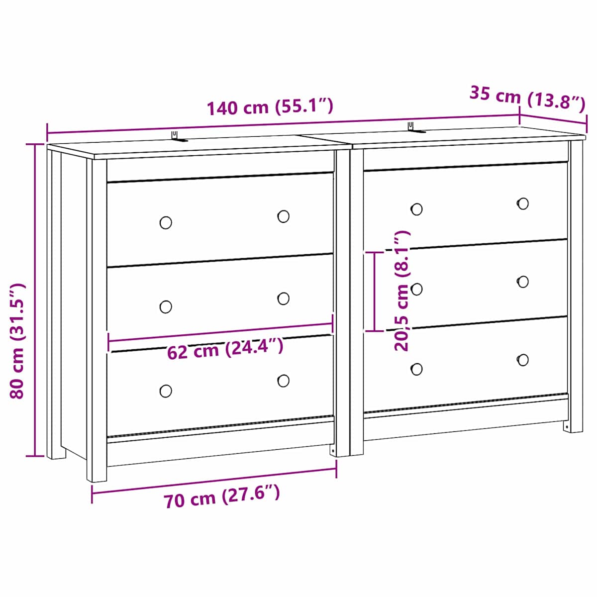 Sideboard 2 stk. VoksBrun 140 x 35 x 80 cm Massivt fyrretræ - Billede 6