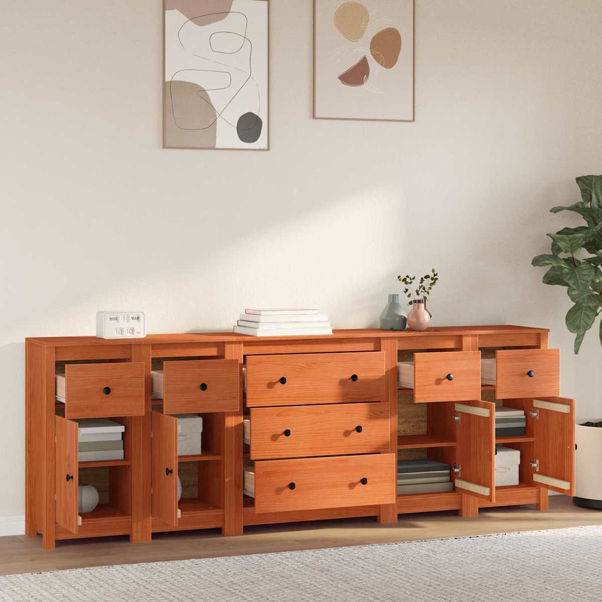 Sideboard 5 stk. VoksBrun 226 x 35 x 80 cm Massivt fyrretræ - Billede 4