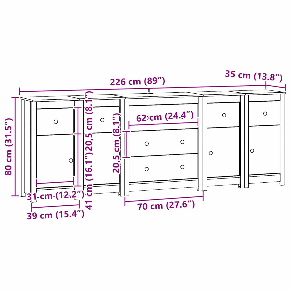 Sideboard 5 stk. VoksBrun 226 x 35 x 80 cm Massivt fyrretræ - Billede 6