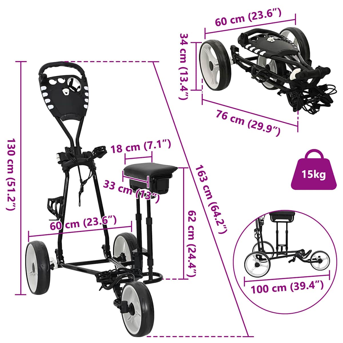 Golf Trolley med sæde Sort og Hvid Jern Sammenklappelig - Billede 11