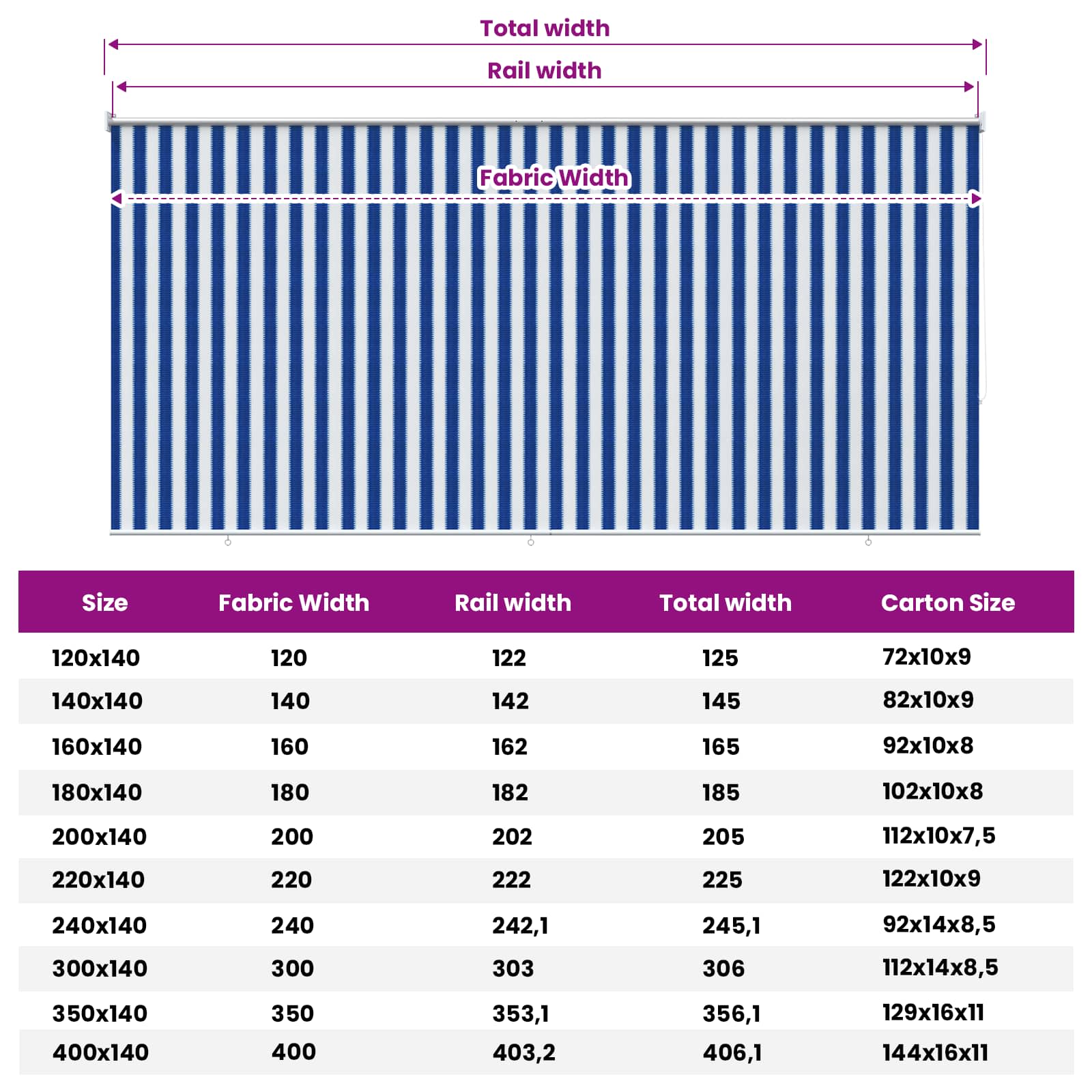 Buitenrolgordijn 90% UV-blok Blauw en Witte Streep 350 x 230 cm image 12