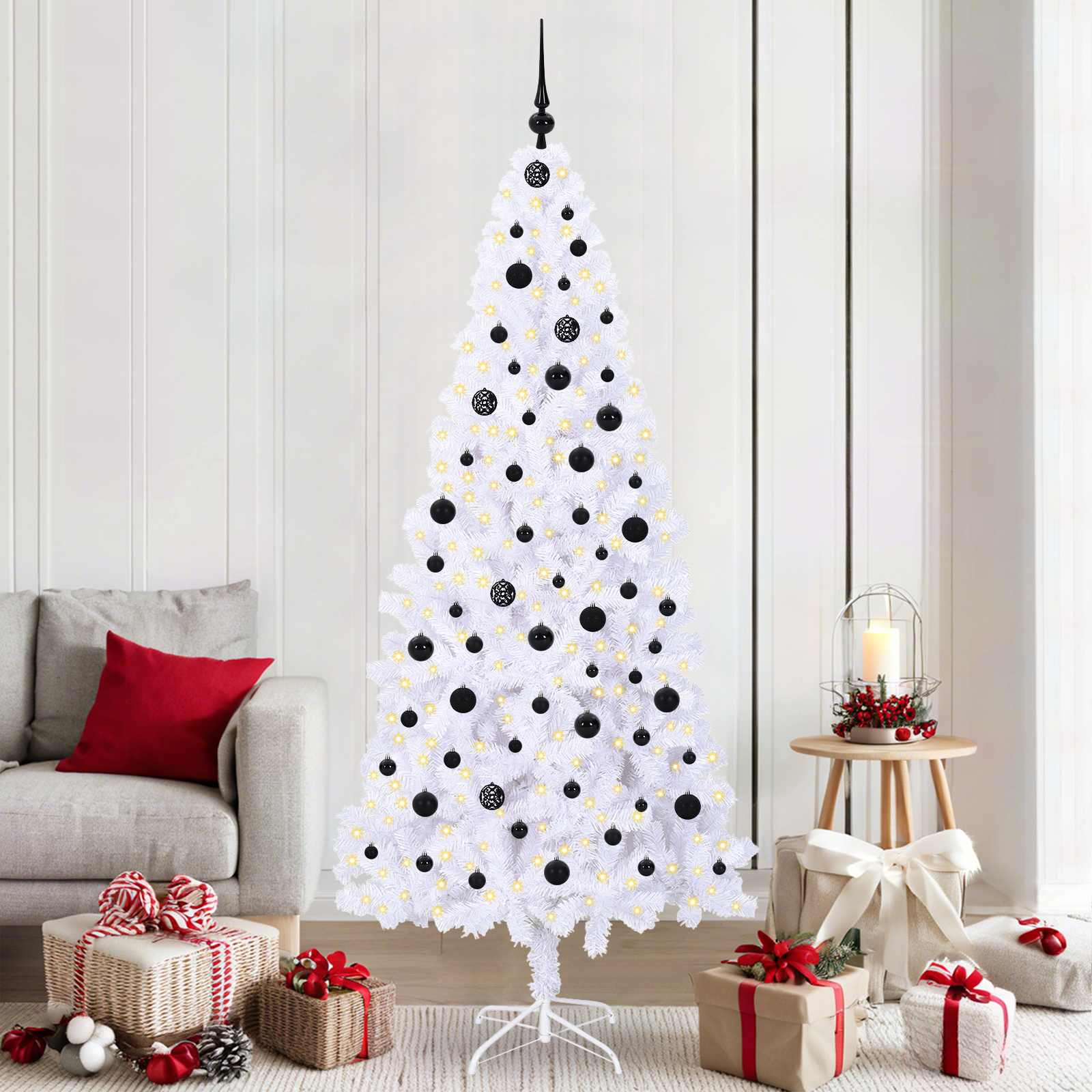 Sapin de Noël artificiel avec 300 LED Blanc 210 cm PVC et Acier