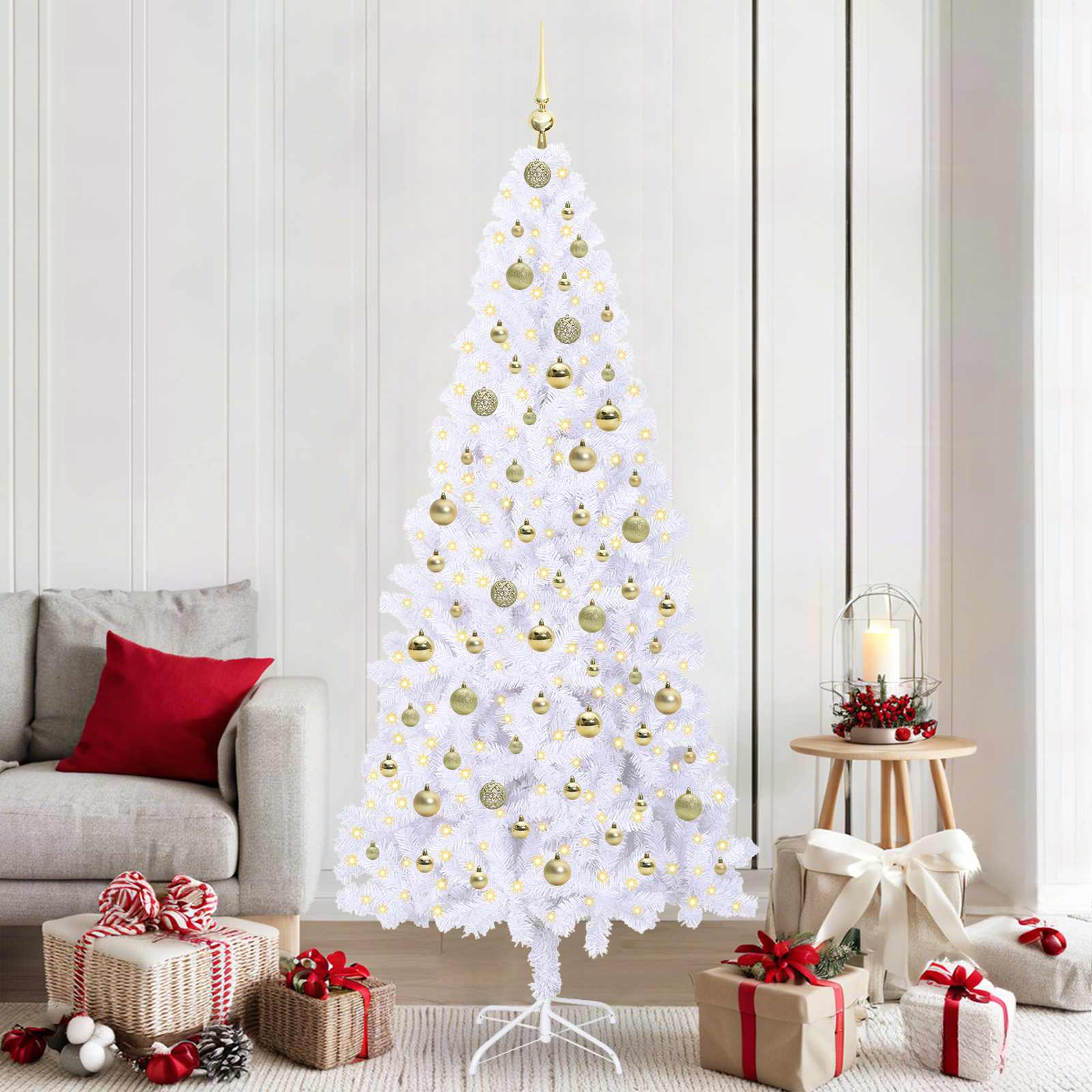 Sapin de Noël artificiel avec 300 LED Blanc 210 cm PVC et Acier