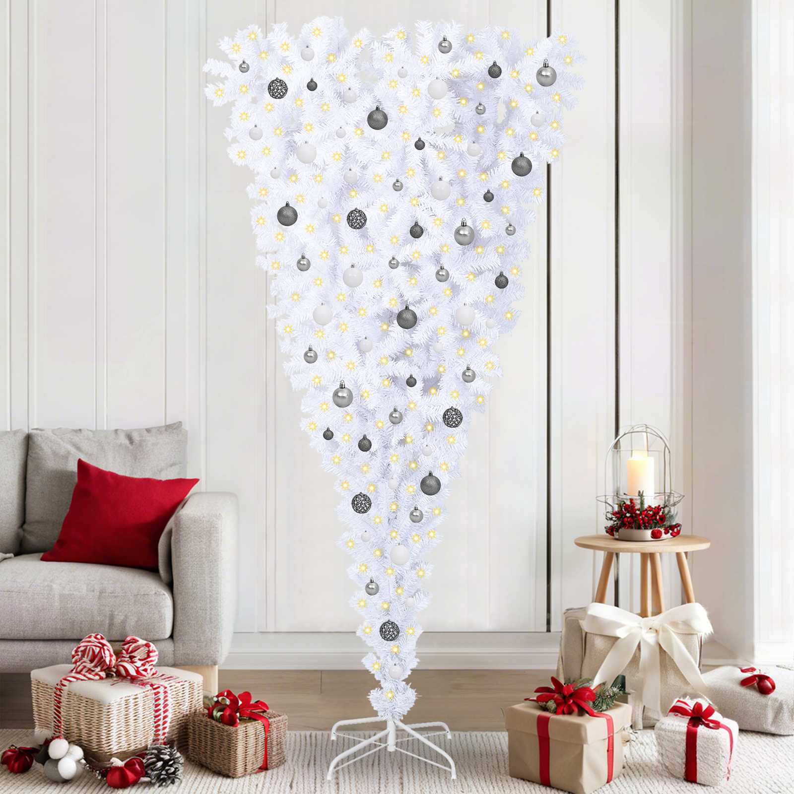 Sapin de Noël artificiel avec 300 LED Blanc 210 cm PVC et Acier