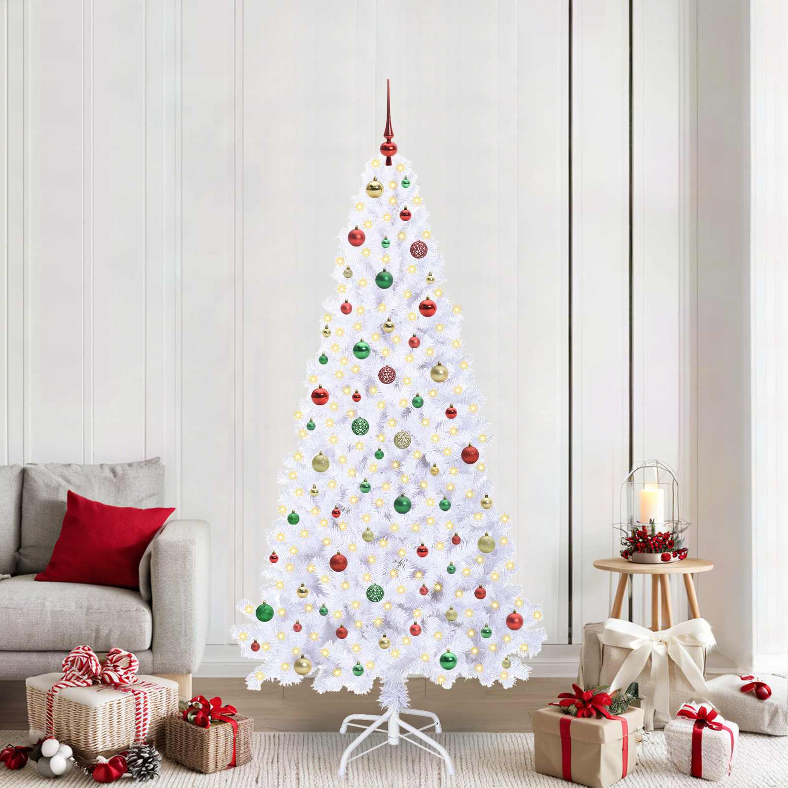 Sapin de Noël artificiel avec 300 LED Blanc 210 cm PVC et Acier