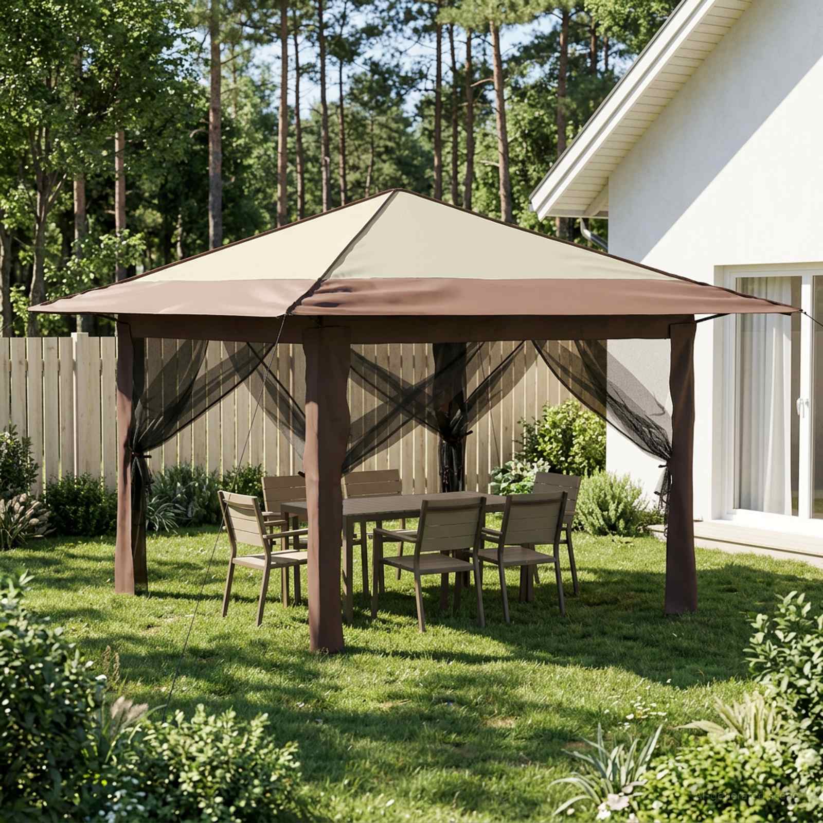 Gazebo met 4 Zijwanden 3,3 x 3,3 m Crème en bruin image 1