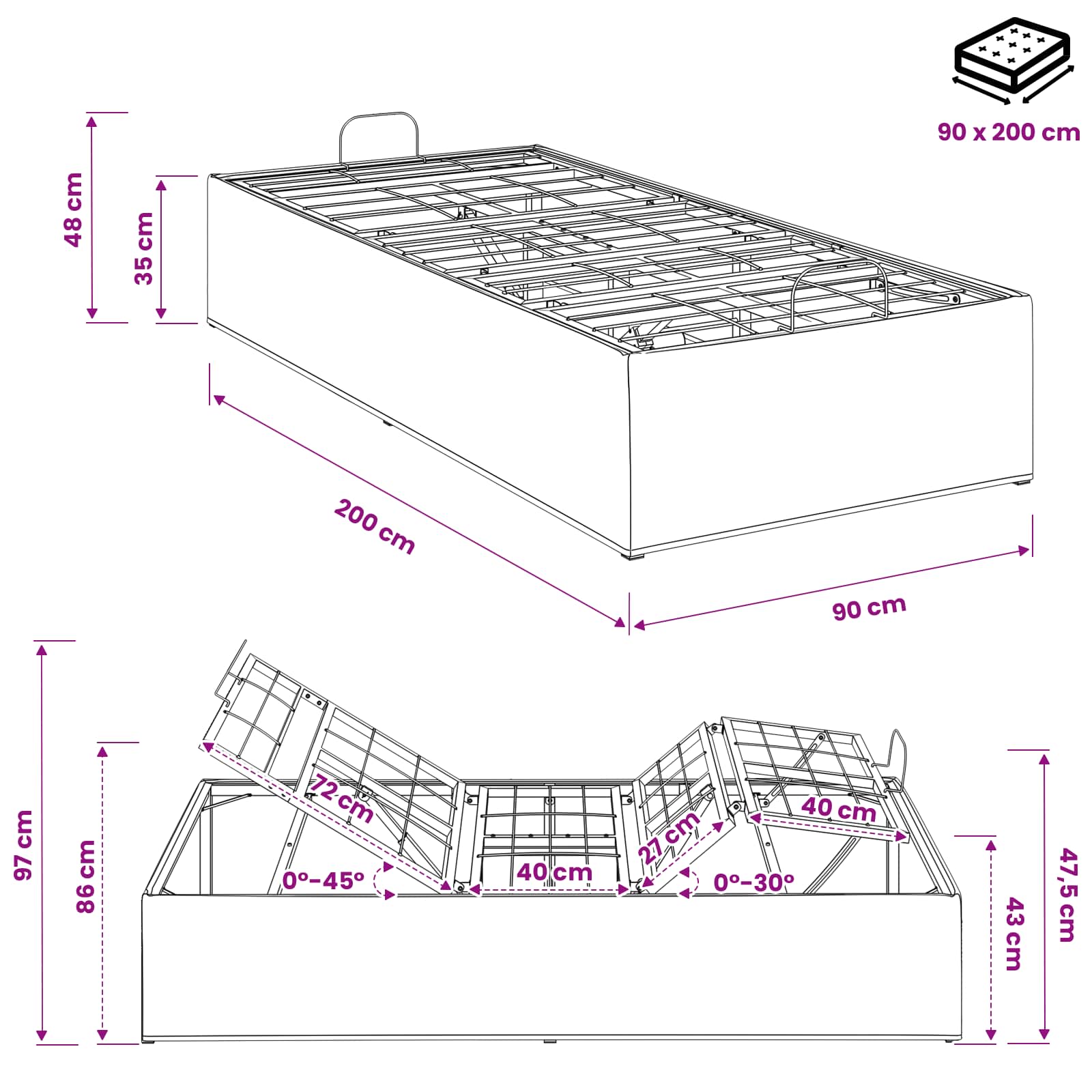 Električna nastavljiva postelja Ten 200 x 90 x 33,5 cm Jeklo