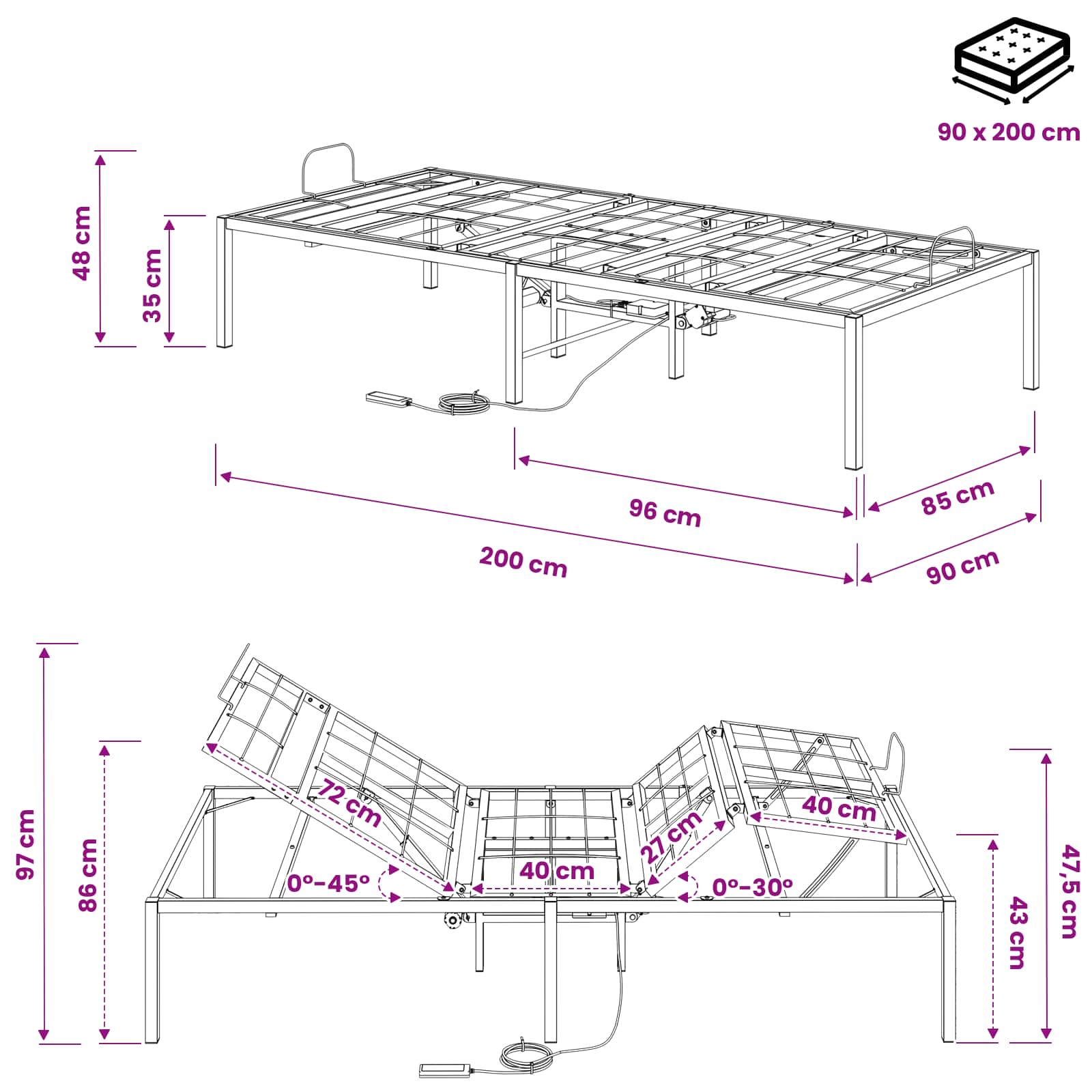 Električna nastavljiva postelja Črna 200 x 90 x 33,5 cm Jeklo