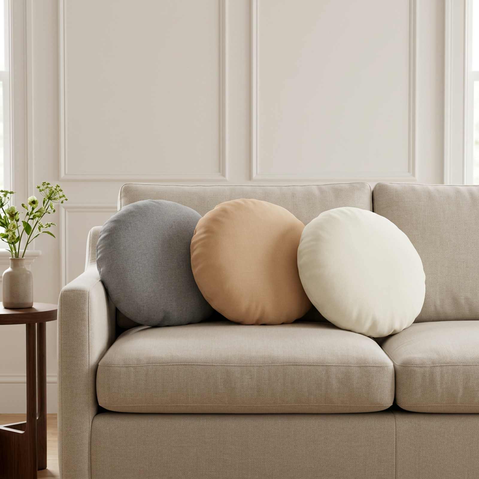 Pyntepuder Heerlen 2 stk. i hvid polyester med lynlås - rund pude til sofa og seng, Ø 40 cm