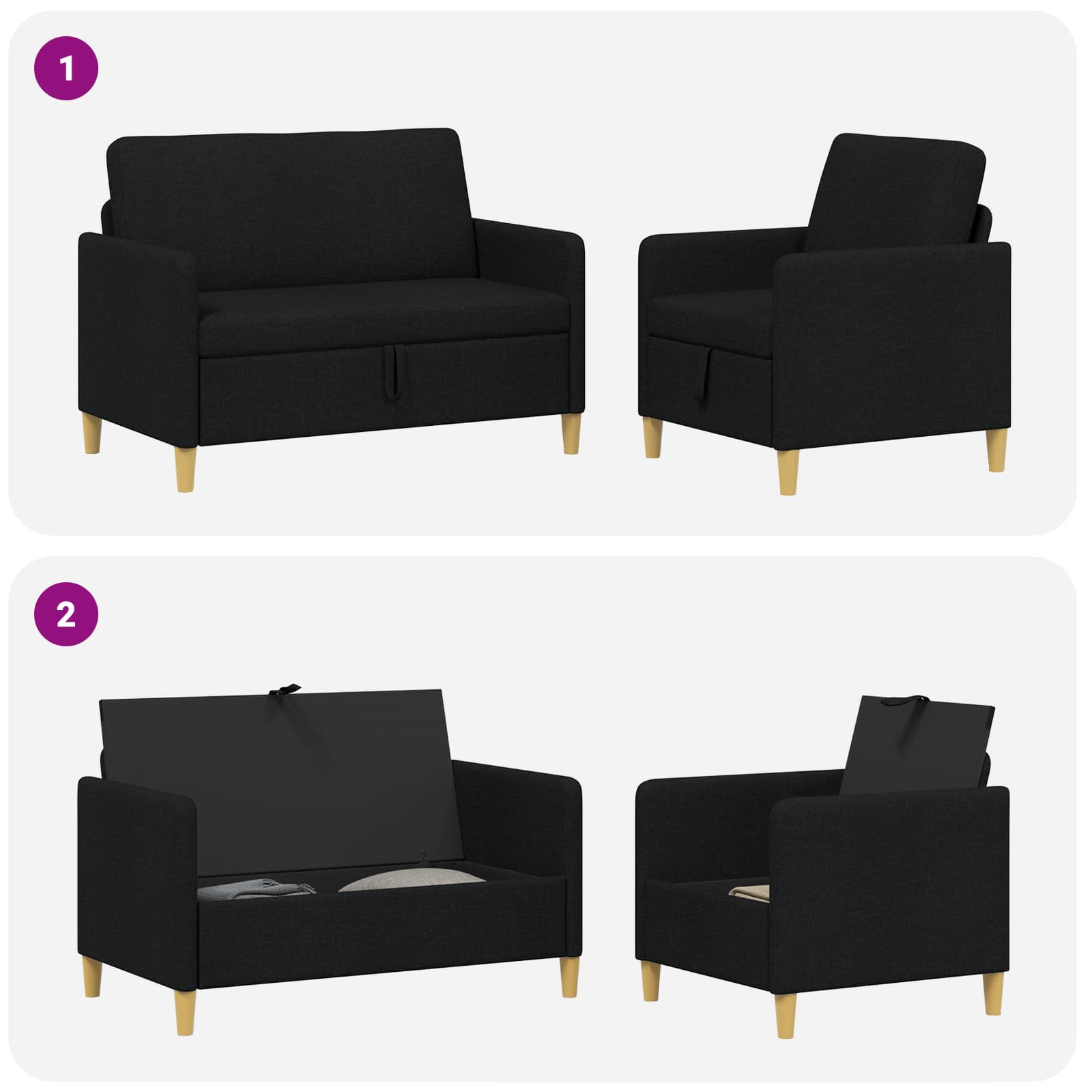 vidaXL Sofa set z shrambo 2 pcs Črna Poliester - slika 6