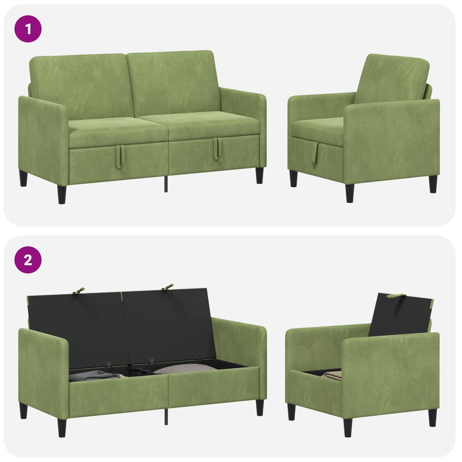 vidaXL Bankenset met opbergruimte 2 st Lichtgroen Polyester