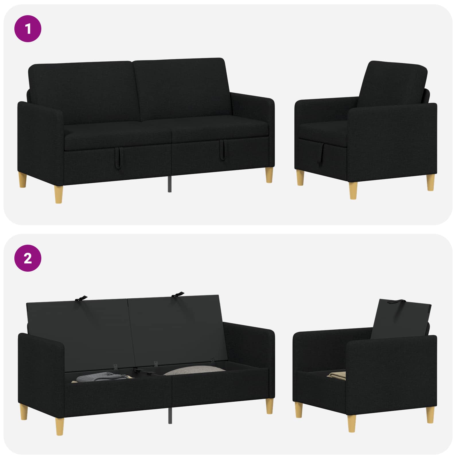 vidaXL Sofa set z shrambo 2 pcs Črna Poliester - slika 4