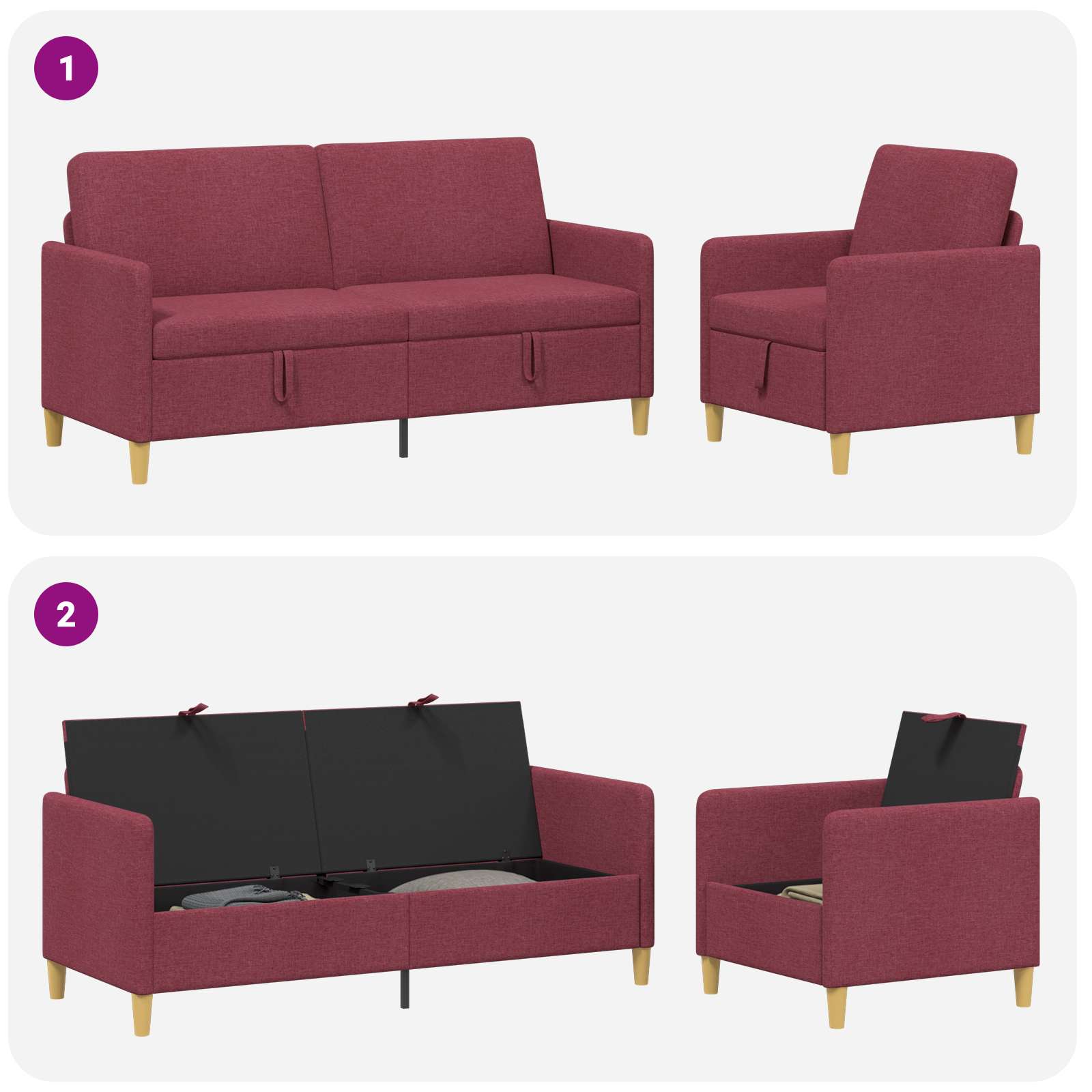 vidaXL Sofa set z shrambo 2 pcs Vinorodna rdeča Poliester - slika 4