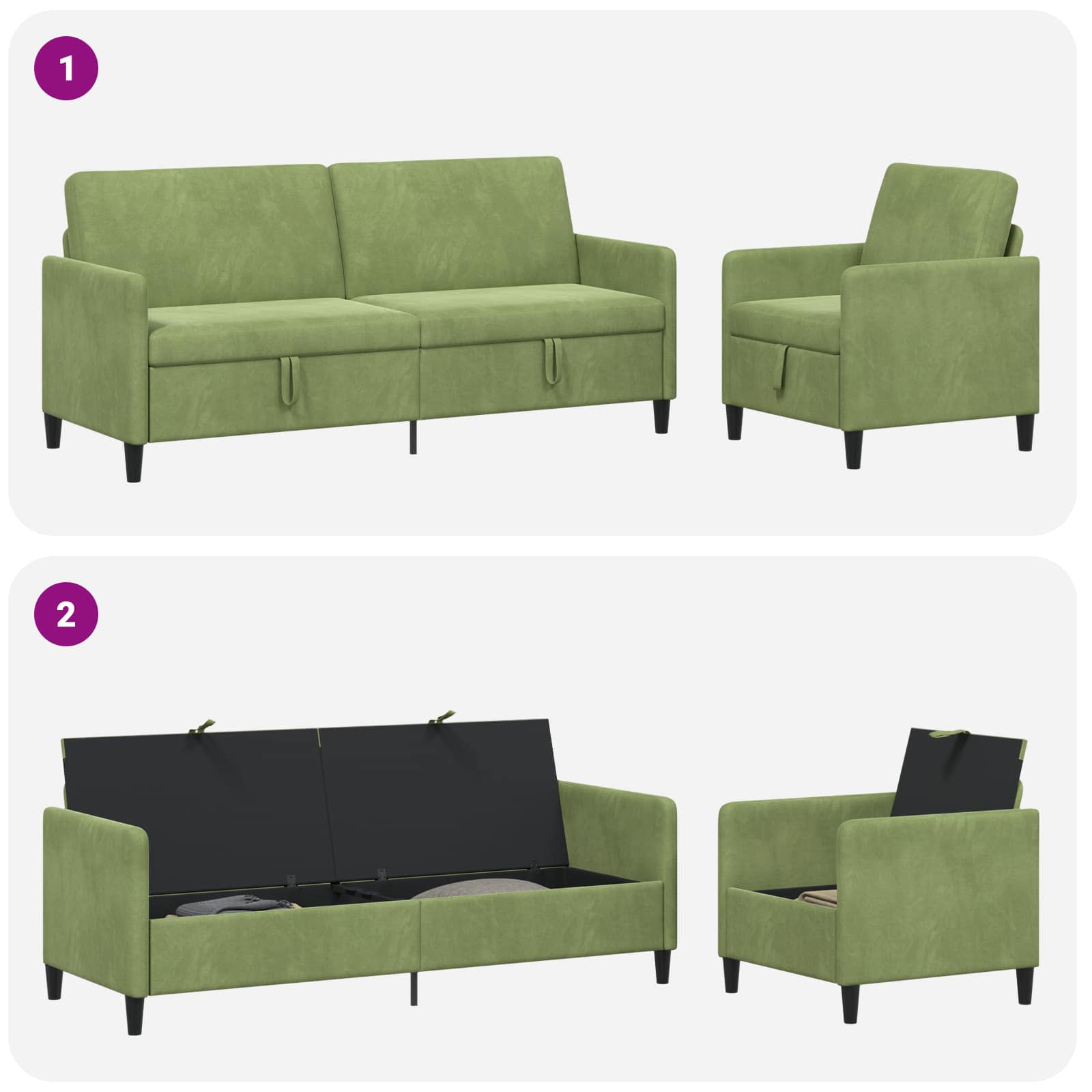 vidaXL Bankenset met opbergruimte 2 st Lichtgroen Polyester