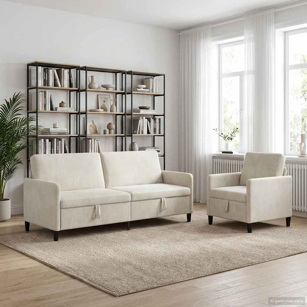 vidaXL Bankenset met opbergruimte 2 st Crèmekleurig Polyester