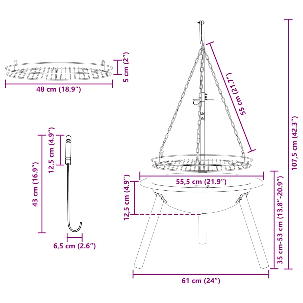 Bålsted med justerbar grillrist ⌀55,5 x 107,5 cm Stål Sort - Billede 8