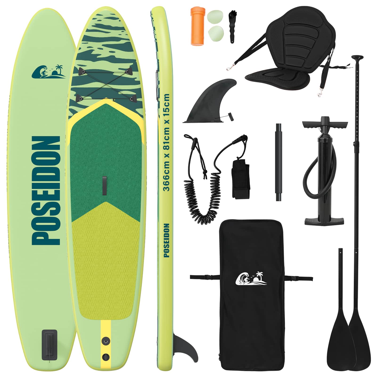 vidaXL SUP deska se sedátkem 2v1 POSEIDON 366 x 81 x 15 cm Zelená