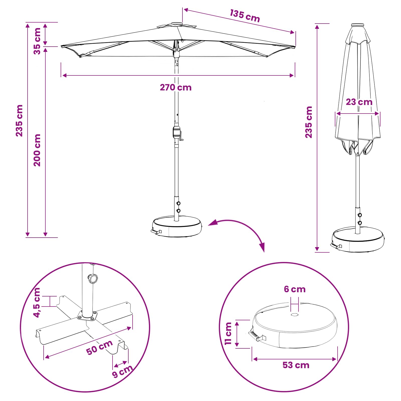 Zunanje senčilo z LED lučmi 270 x 270 cm Poliester Črna in bela - slika 9