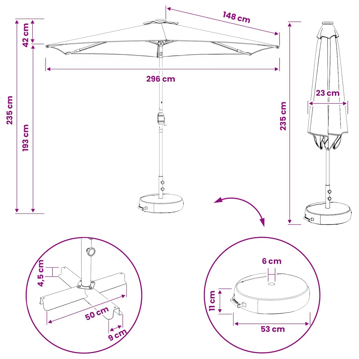 Haveparasol med LED lys og fod Polyester - Billede 10