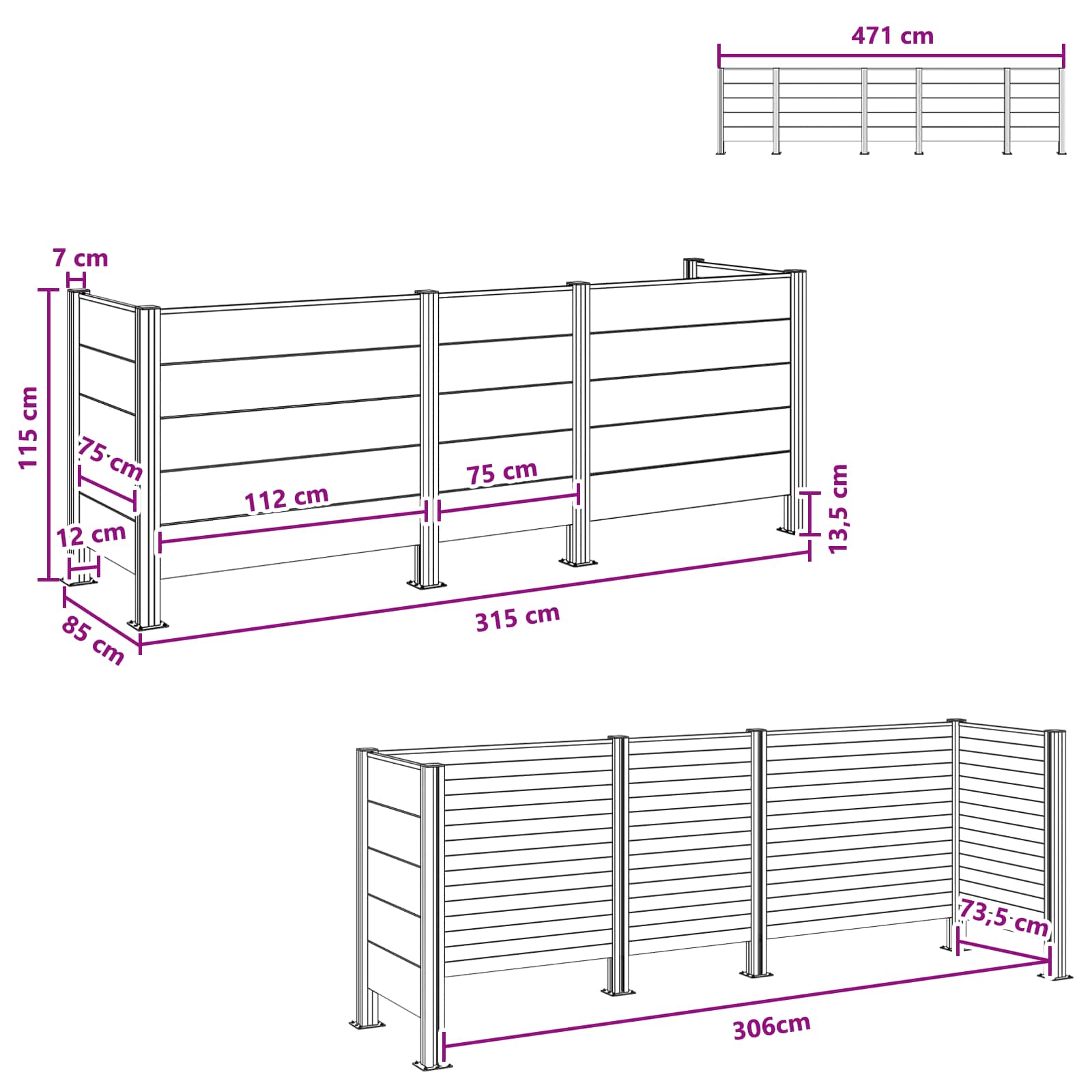 Afvalbak Schutting Grijs 315 x 85 x 115 cm Aluminium en WPC image 10