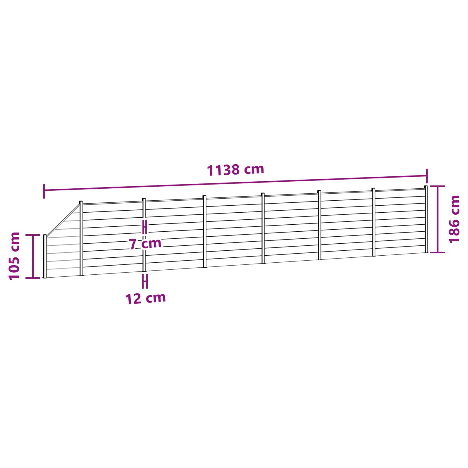 vidaXL Hek set 7 st 1138 x 186 cm WPC en Aluminium Zwart