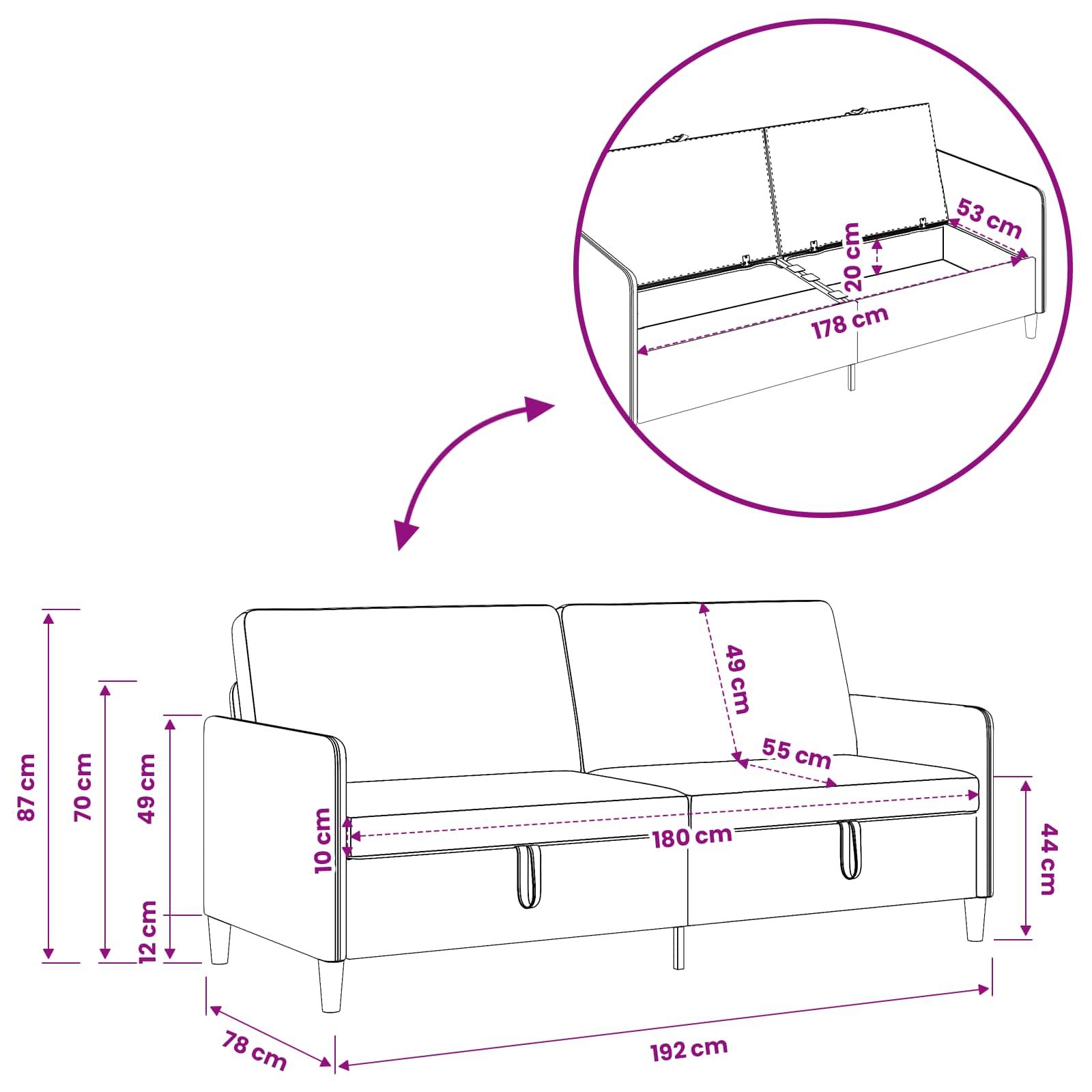 vidaXL Sofa s shrambo Turkizna 192 x 78 x 87 cm Poliester - slika 7