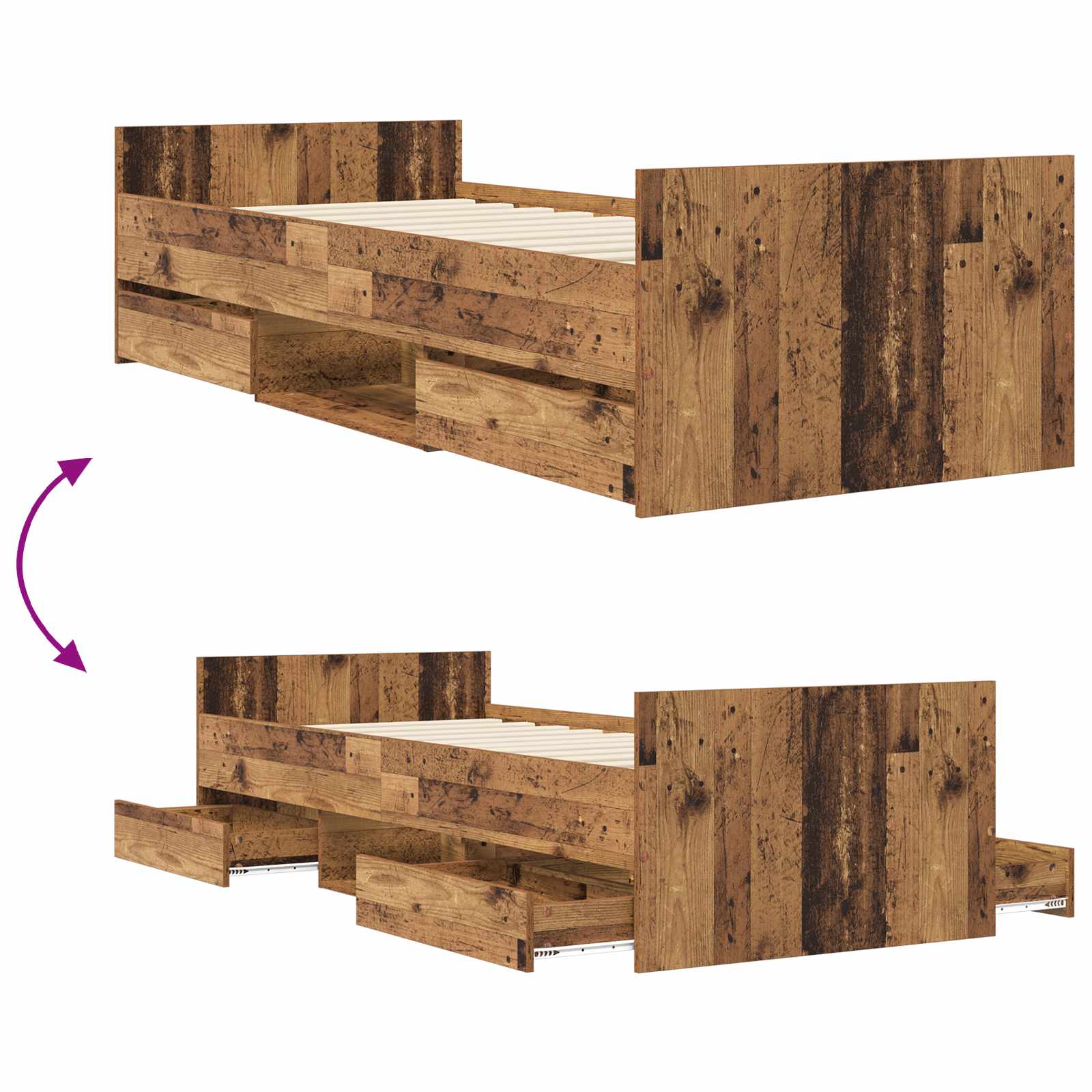 vidaXL Bettrahmen mit Schubladen mit Kopfteil Altholz Holzwerkstoff – Bild 8