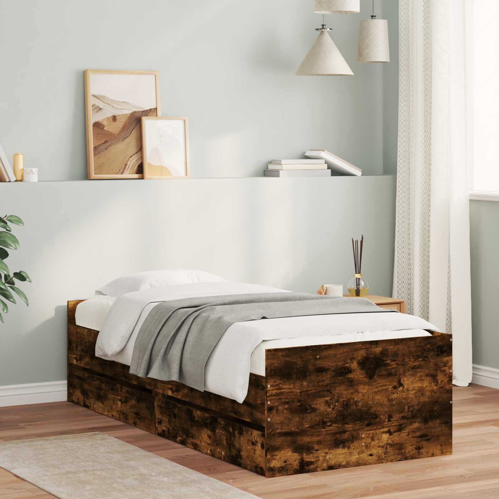 Bedframe met lade met opslag Gerookt eiken Massief grenenhout image 1