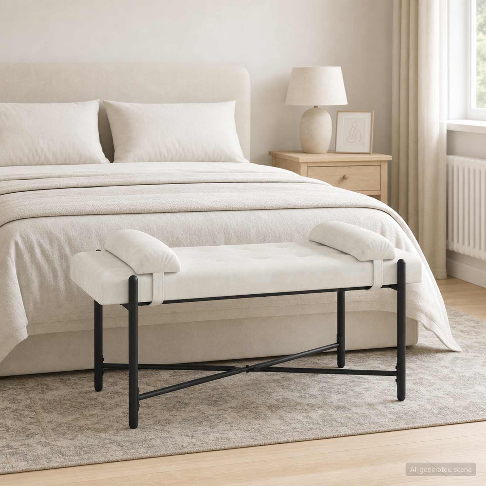 Παγκάκι με κουμπιά και μαξιλάρια Κρεμ 110 x 40 x 46 cm Βελούδο
