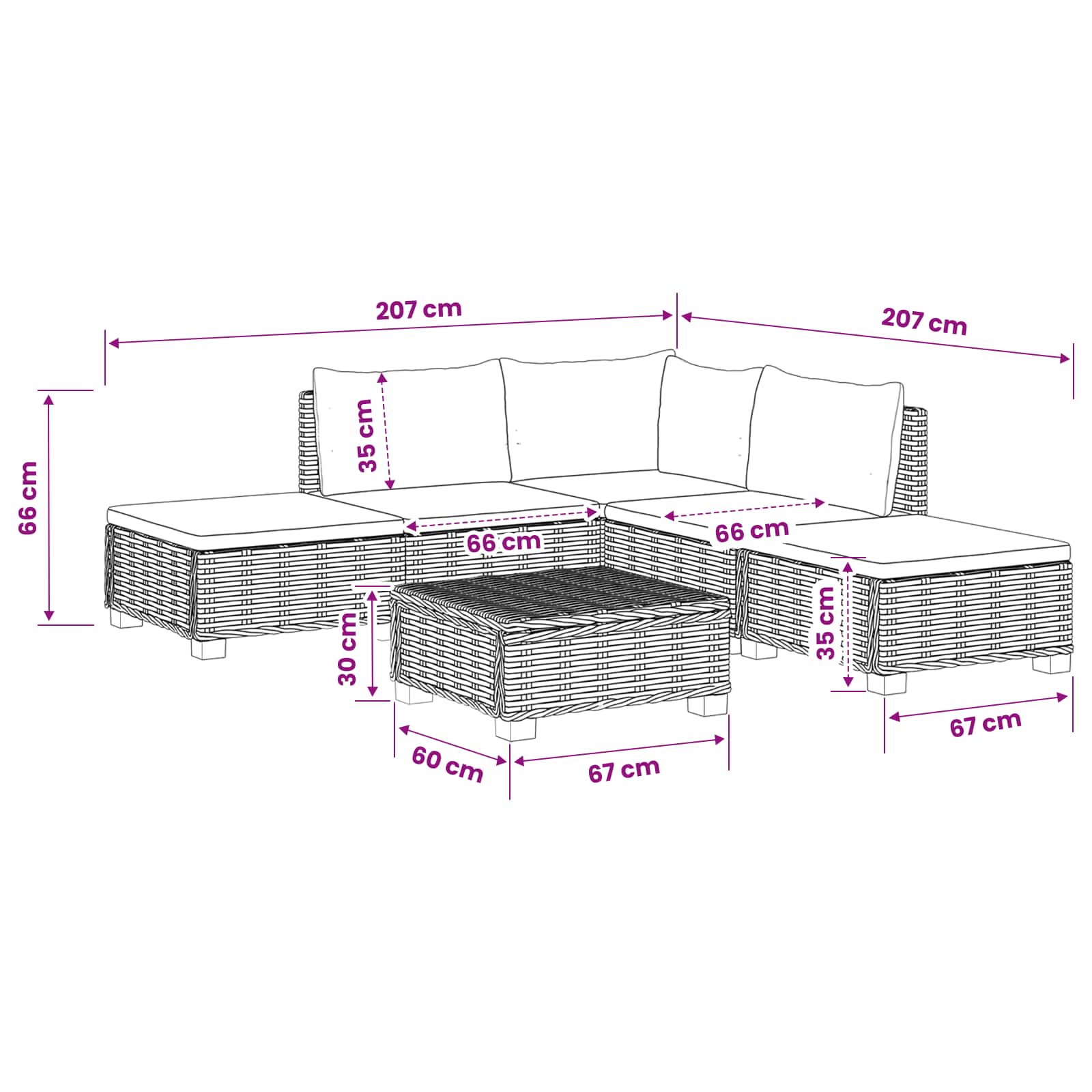 Rattan Lounge Set GENDT size guide