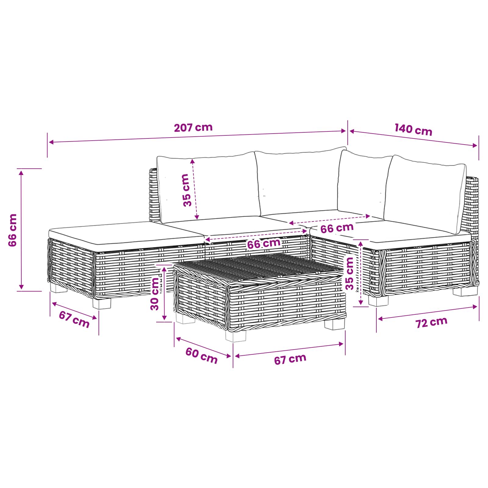 Rattan Lounge Set GENDT size guide