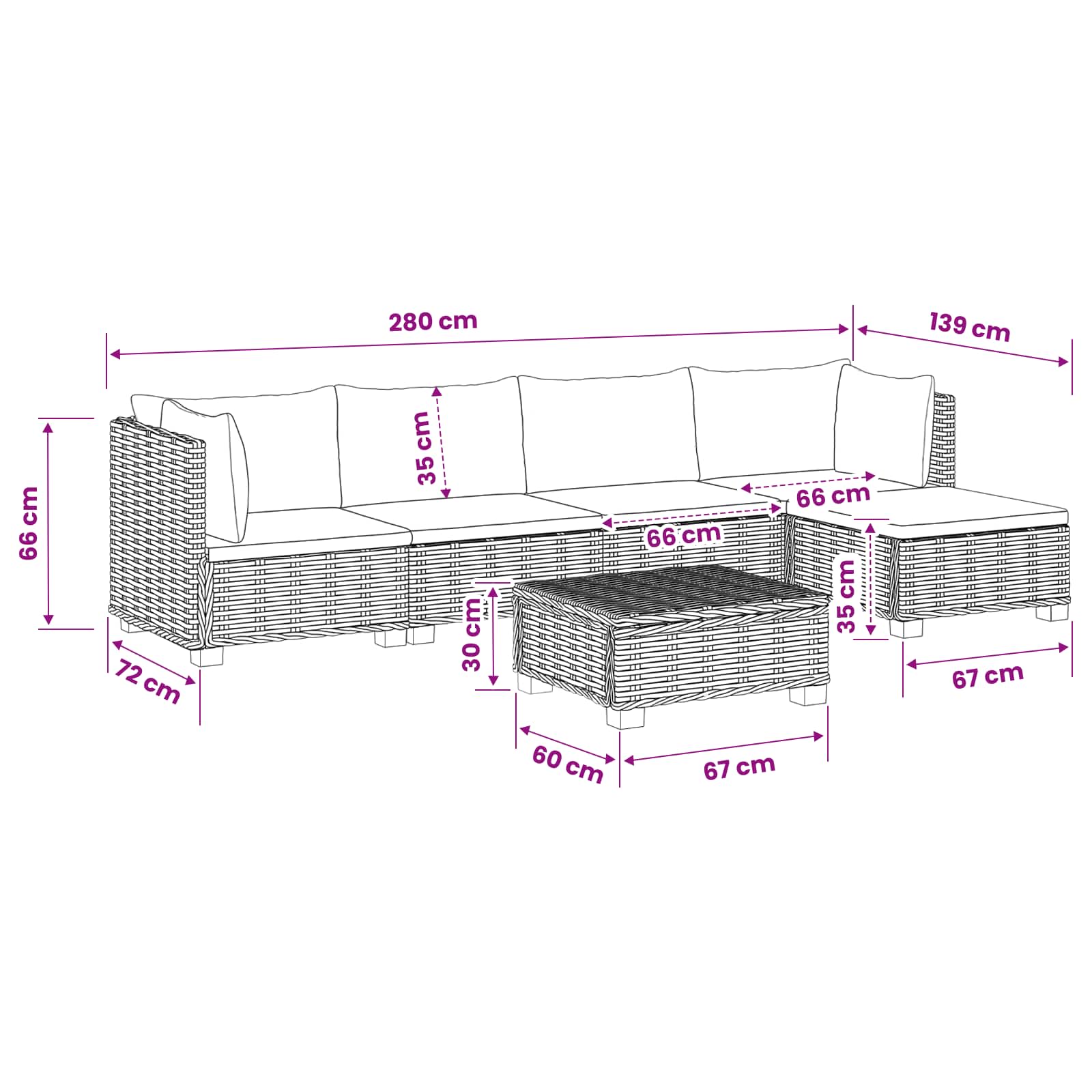 Rattan Lounge Set GENDT size guide