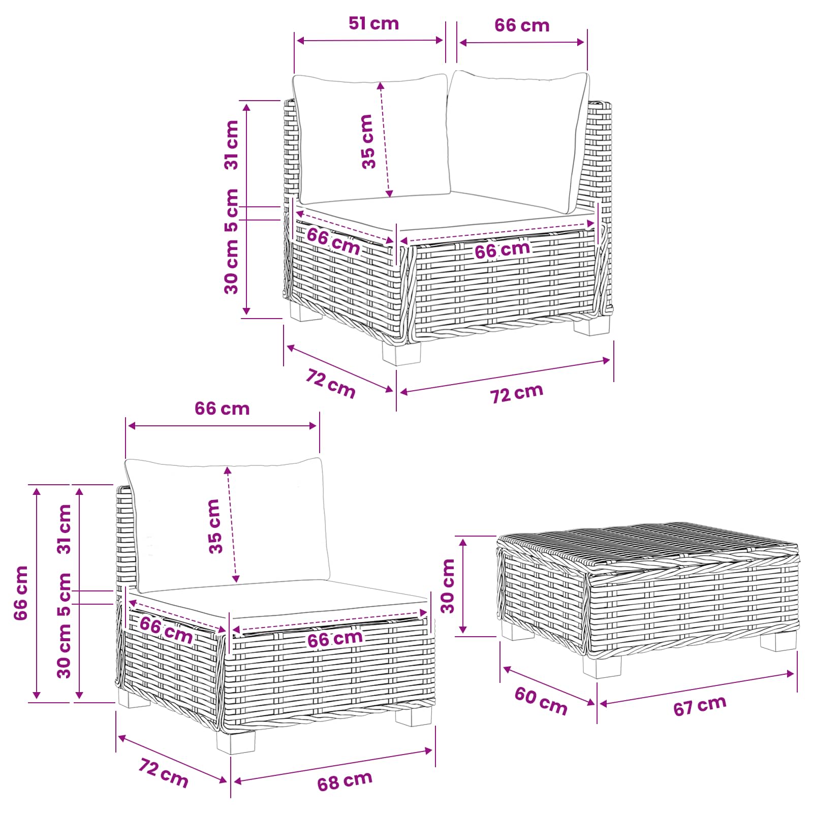 Rattan Lounge Set GENDT size guide