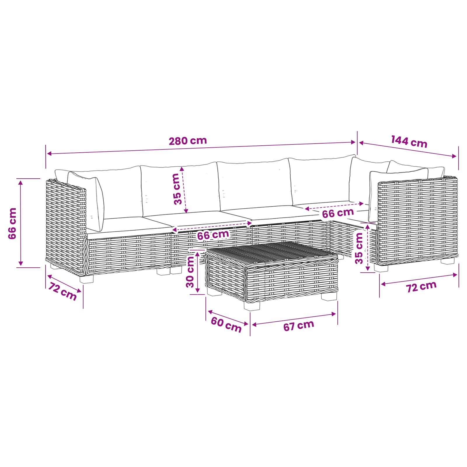 Rattan Lounge Set GENDT size guide