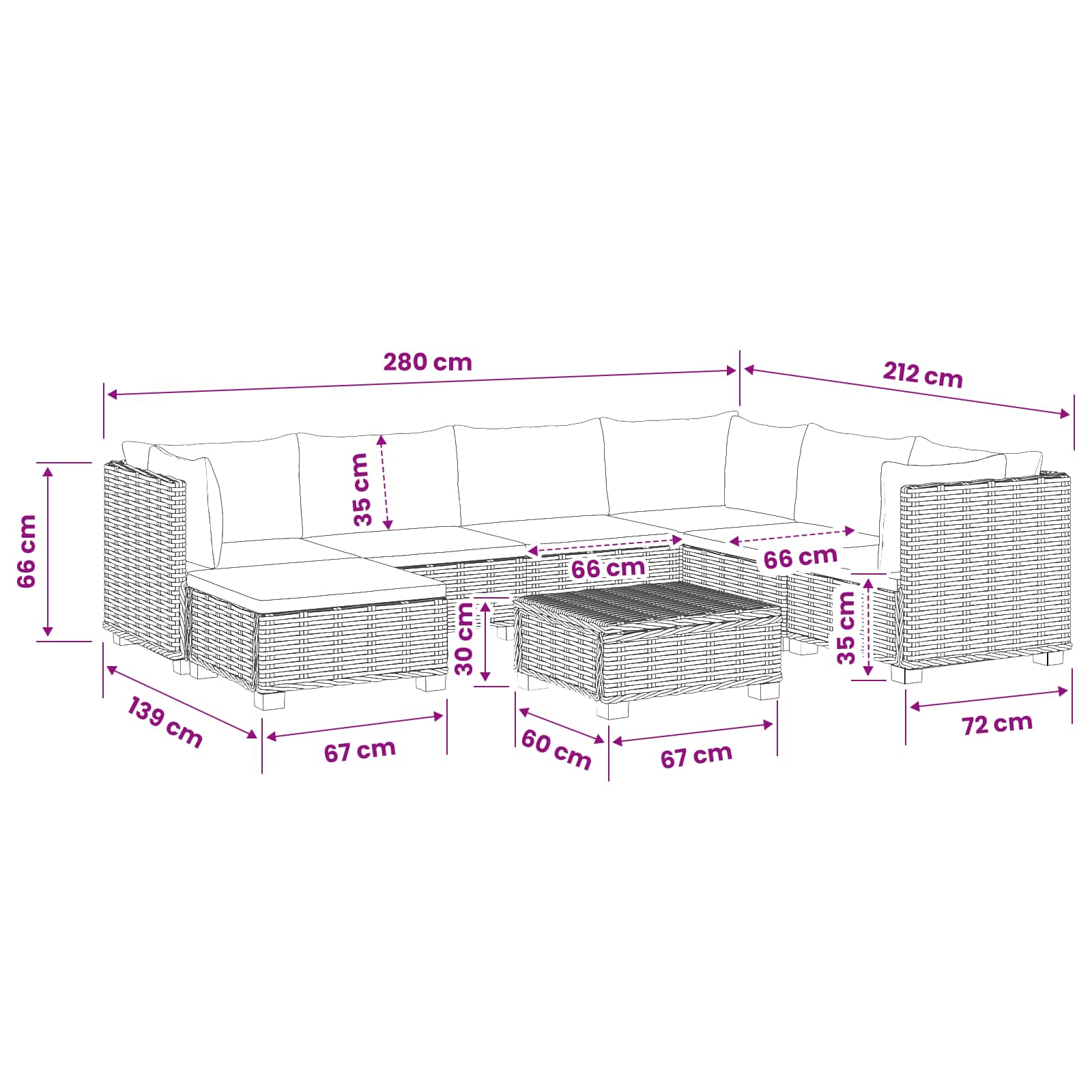 Rattan Lounge Set GENDT size guide