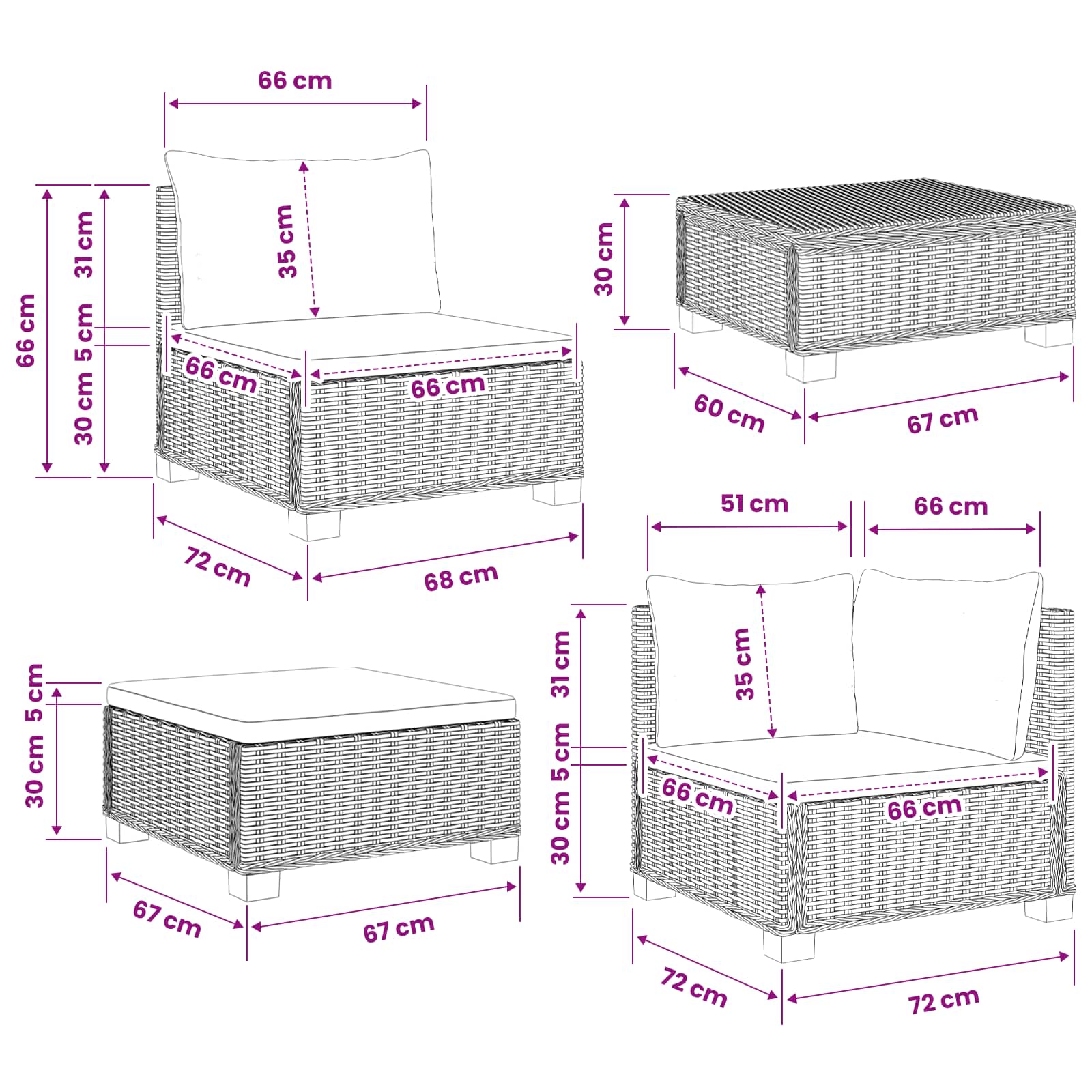8 kos Ratan lounge set s blazinami GENDT Naravni rattan