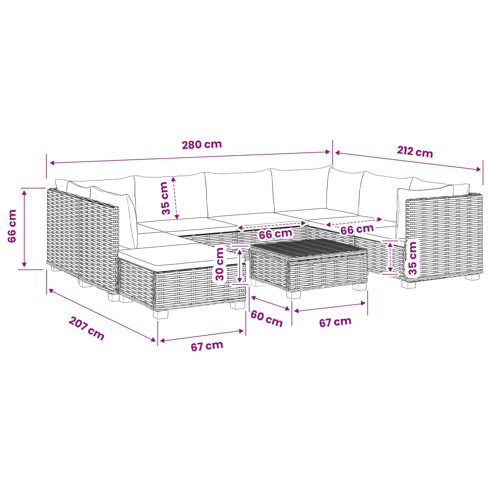 Rattan Lounge Set GENDT size guide