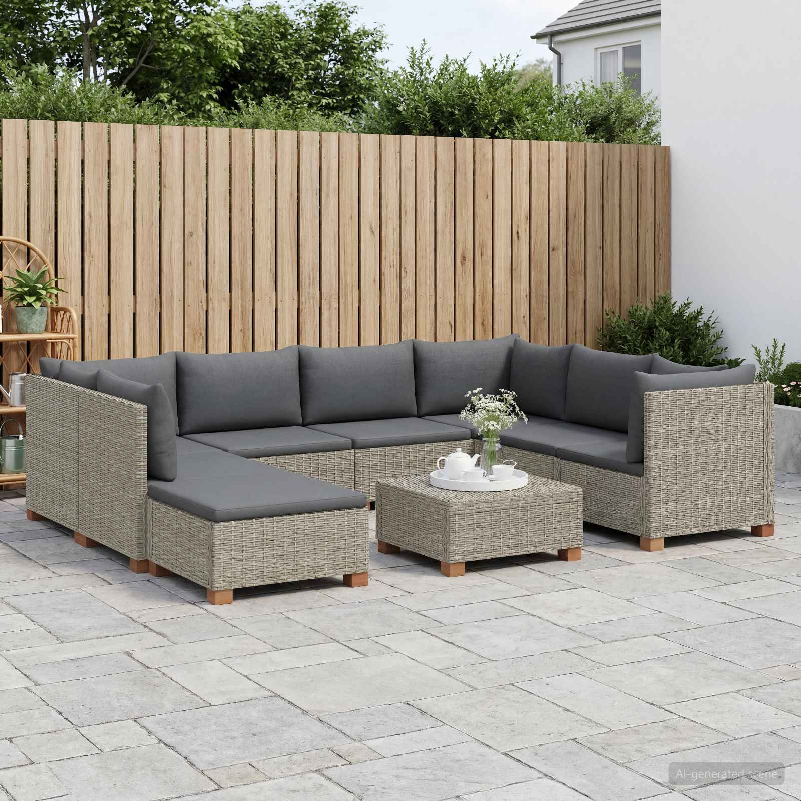 vidaXL 9 Stk. Rattan Lounge Set mit Kissen GENDT Naturrattan Kubu Grau – Bild 3