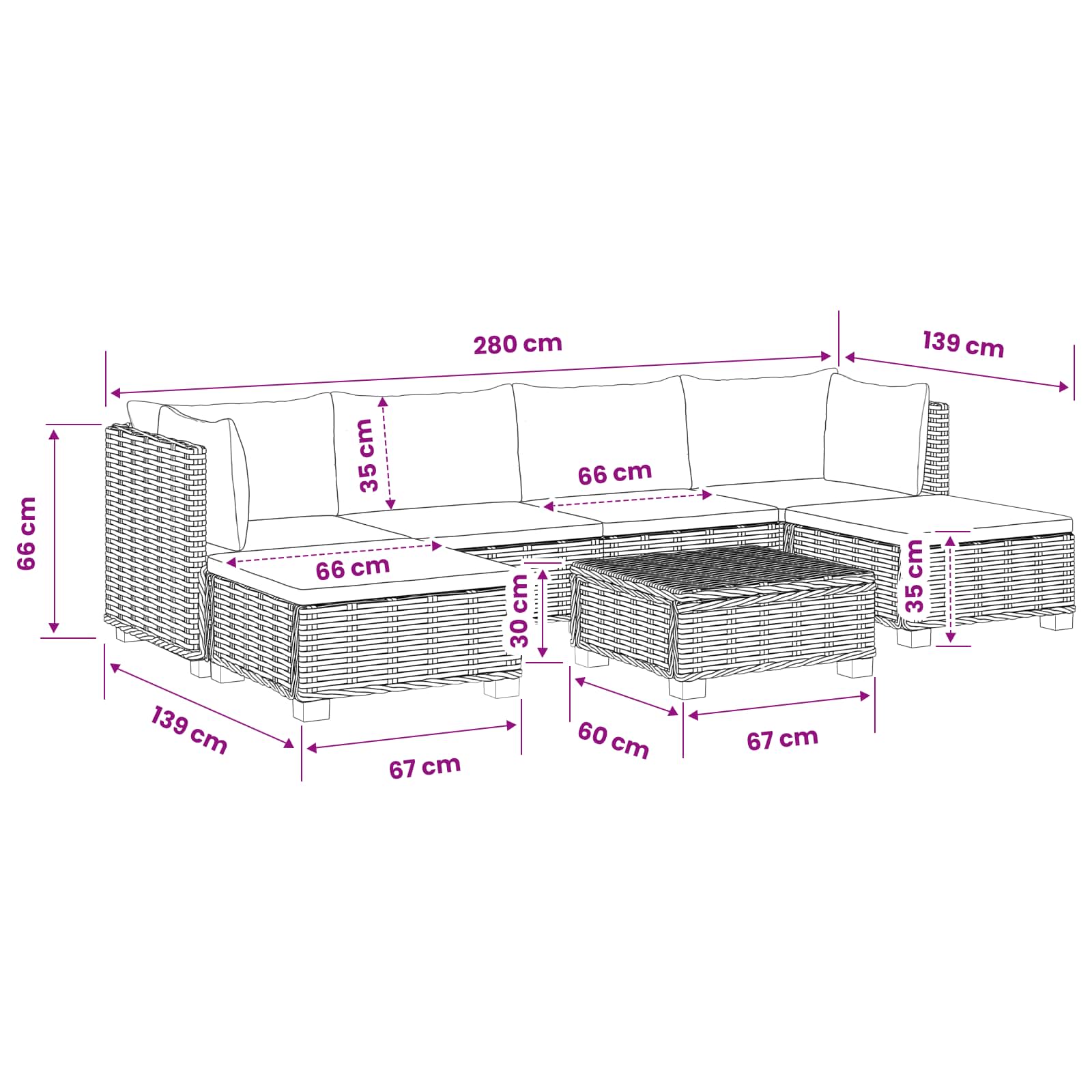 Rattan Lounge Set GENDT size guide