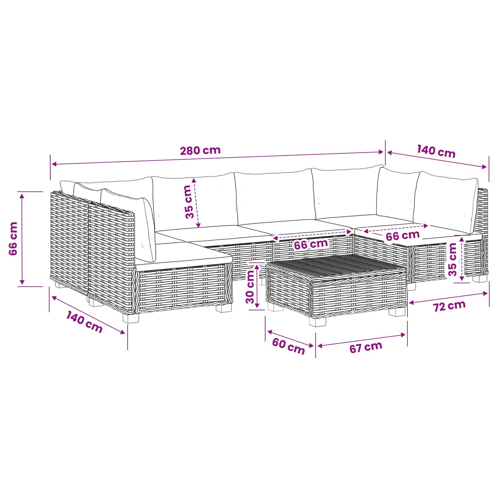 Rattan Lounge Set GENDT size guide