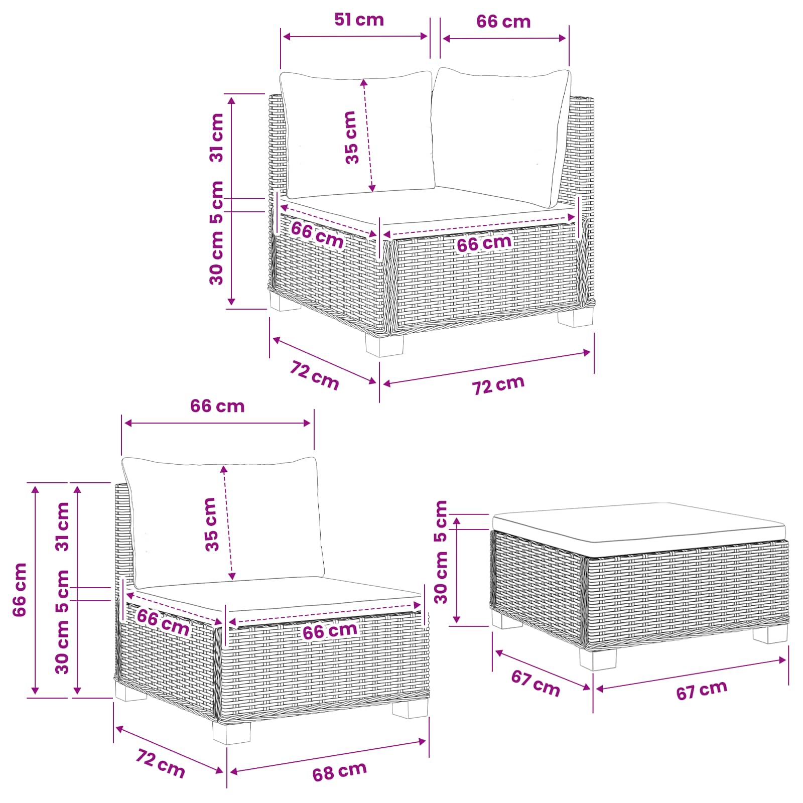 3 kos Ratan lounge set s blazinami GENDT Naravni rattan