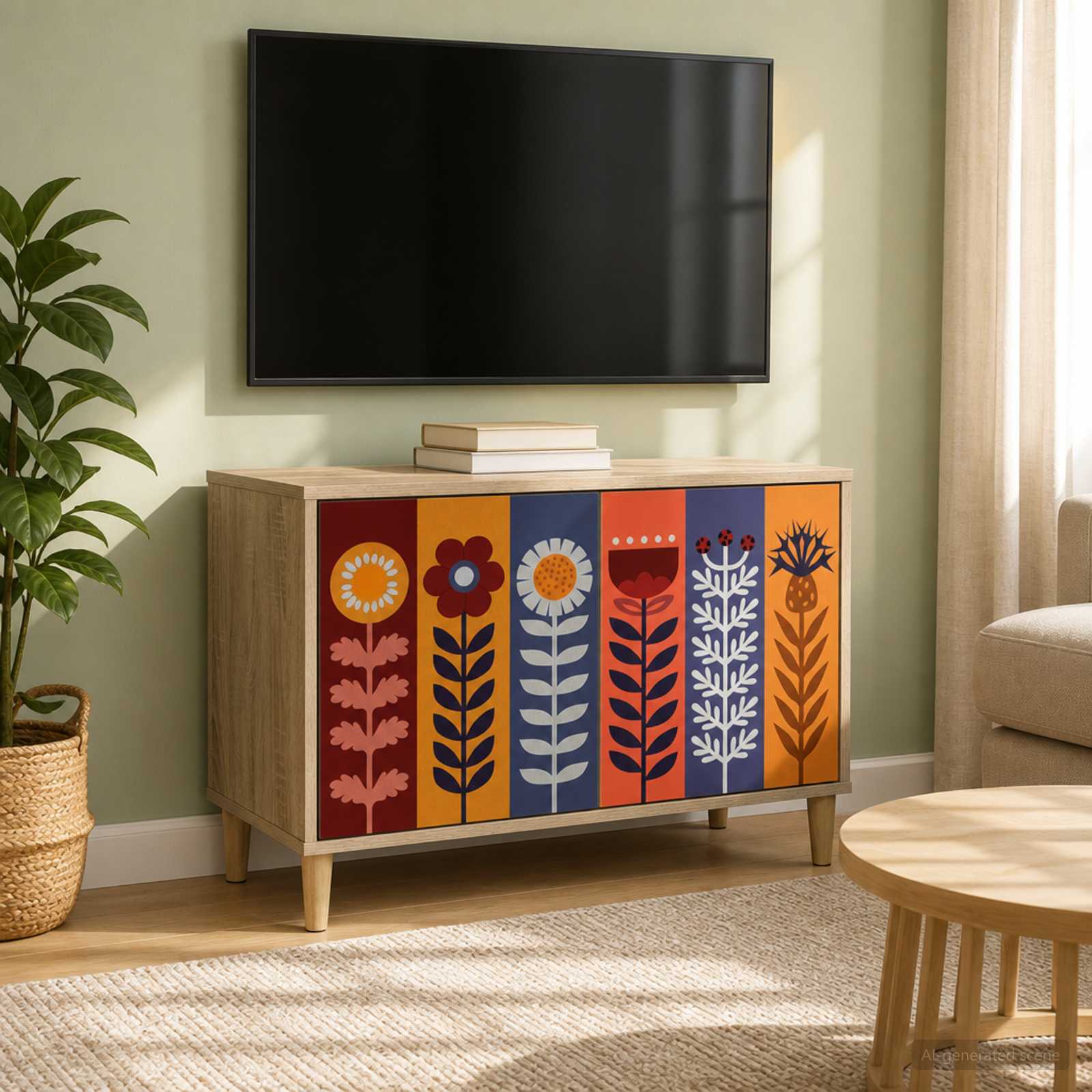 TV-skab ESSEN 69 x 33 x 50 cm i sonoma-eg med dekorativt blomstermønster