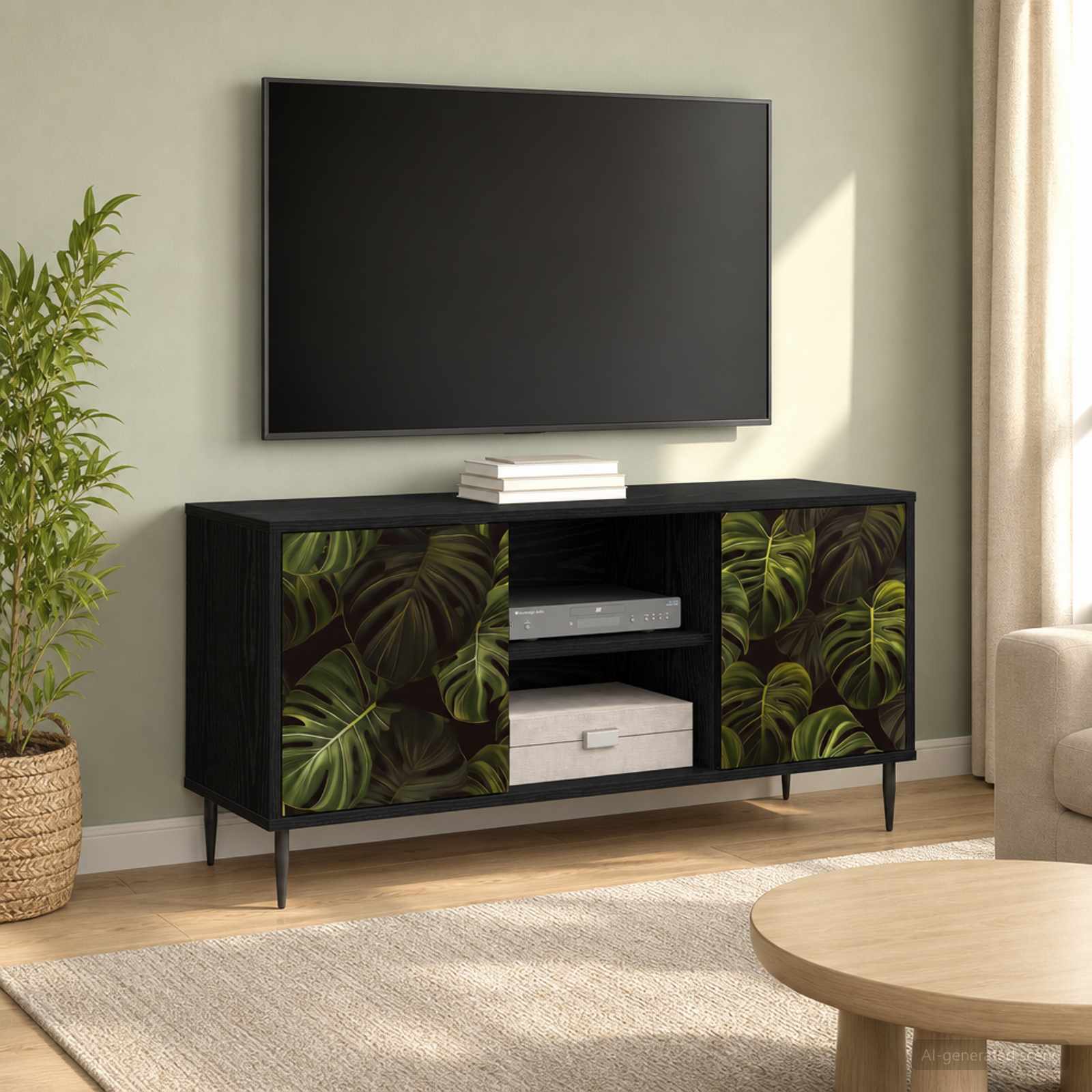 TV-skab ELBURG 102 x 33 x 51 cm i sort eg med dekorativt bladmønster
