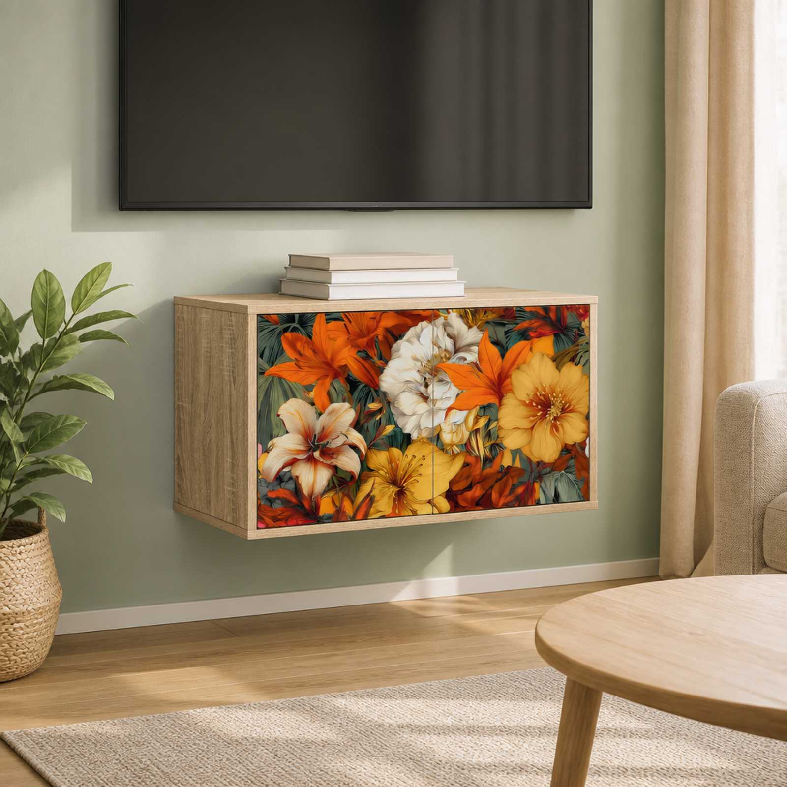Væghængt TV-skab med blomstermotiv 69 x 33 x 40 cm - Sonoma-eg